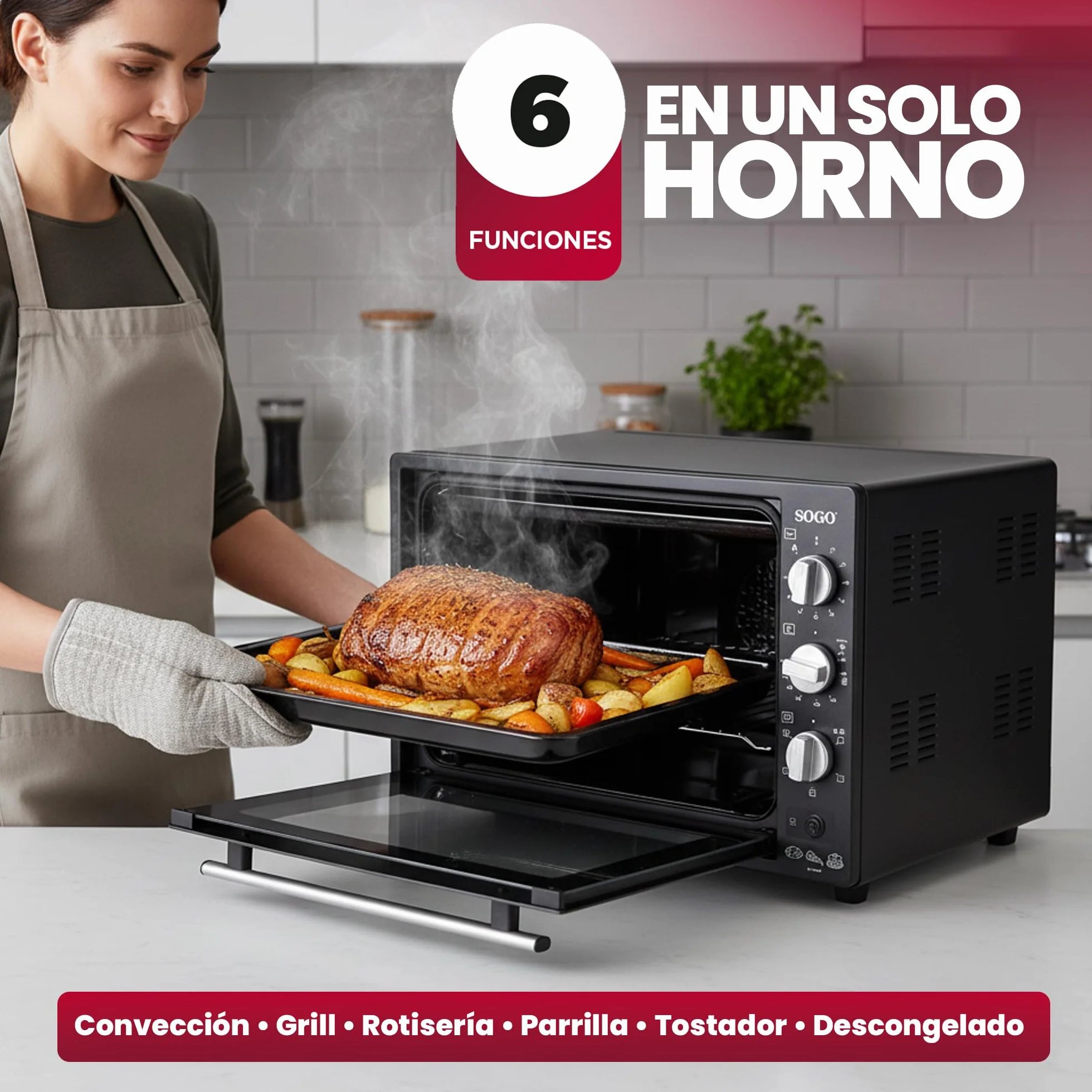 Sogo Horno Sobremesa de Convección 70L - Horno Eléctrico con Rustidor para Asados Jugosos - Horno Multifunción con Gratinador para Recetas Crocantes - Ideal para Cualquier Plato