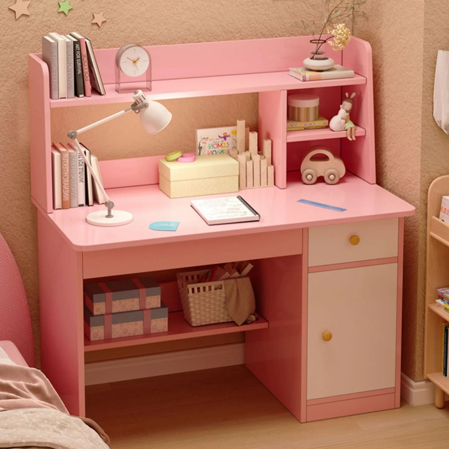 Escritorio Infantil Madera Maciza Rosa 80x40x110cm con Estantes y Taquilla