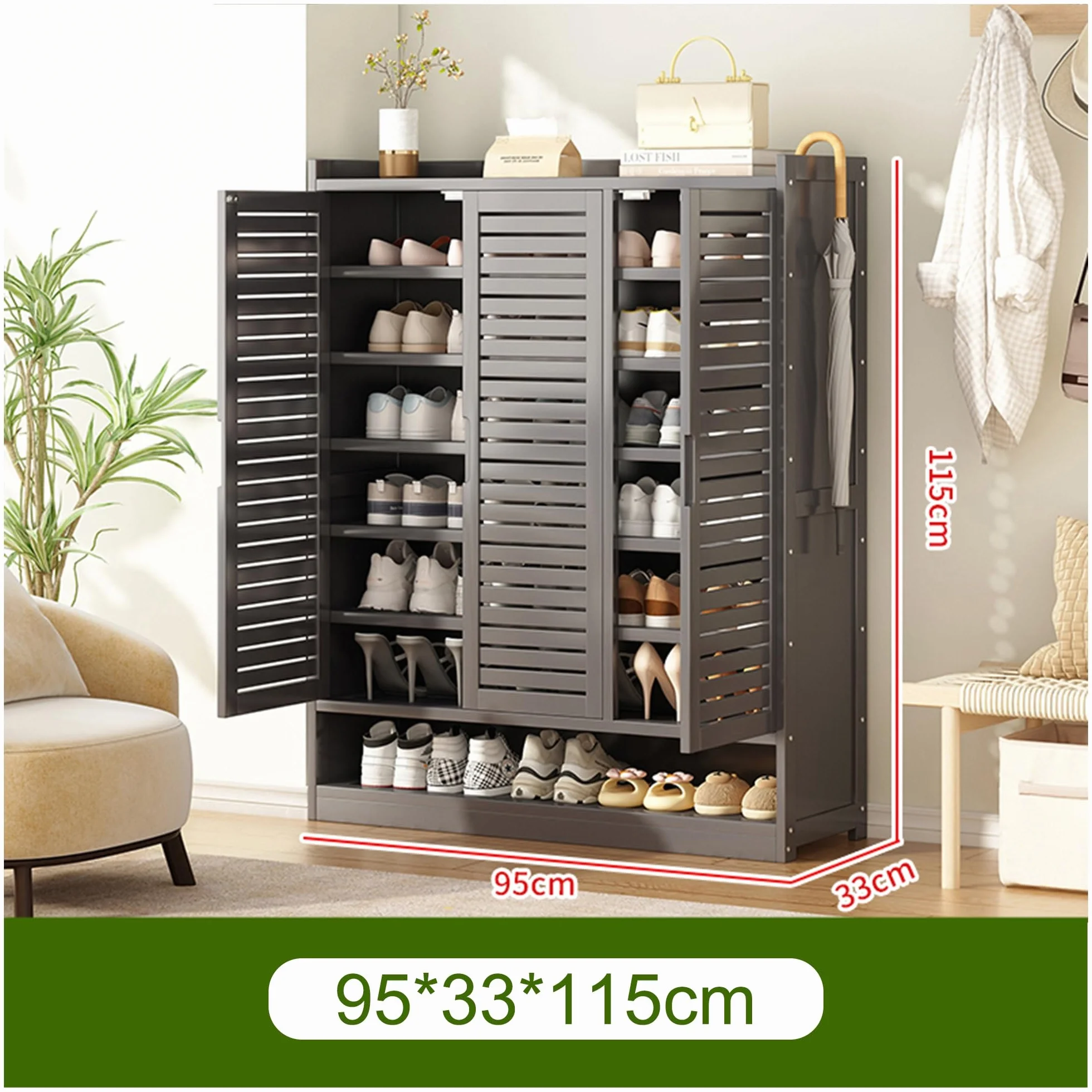 HASMI Gabinete de Zapatos de Bambú para Entrada con Puertas de Obturador, Estante de Zapato Independiente de Madera Gran Capacidad/a/95 * 33 * 115Cm