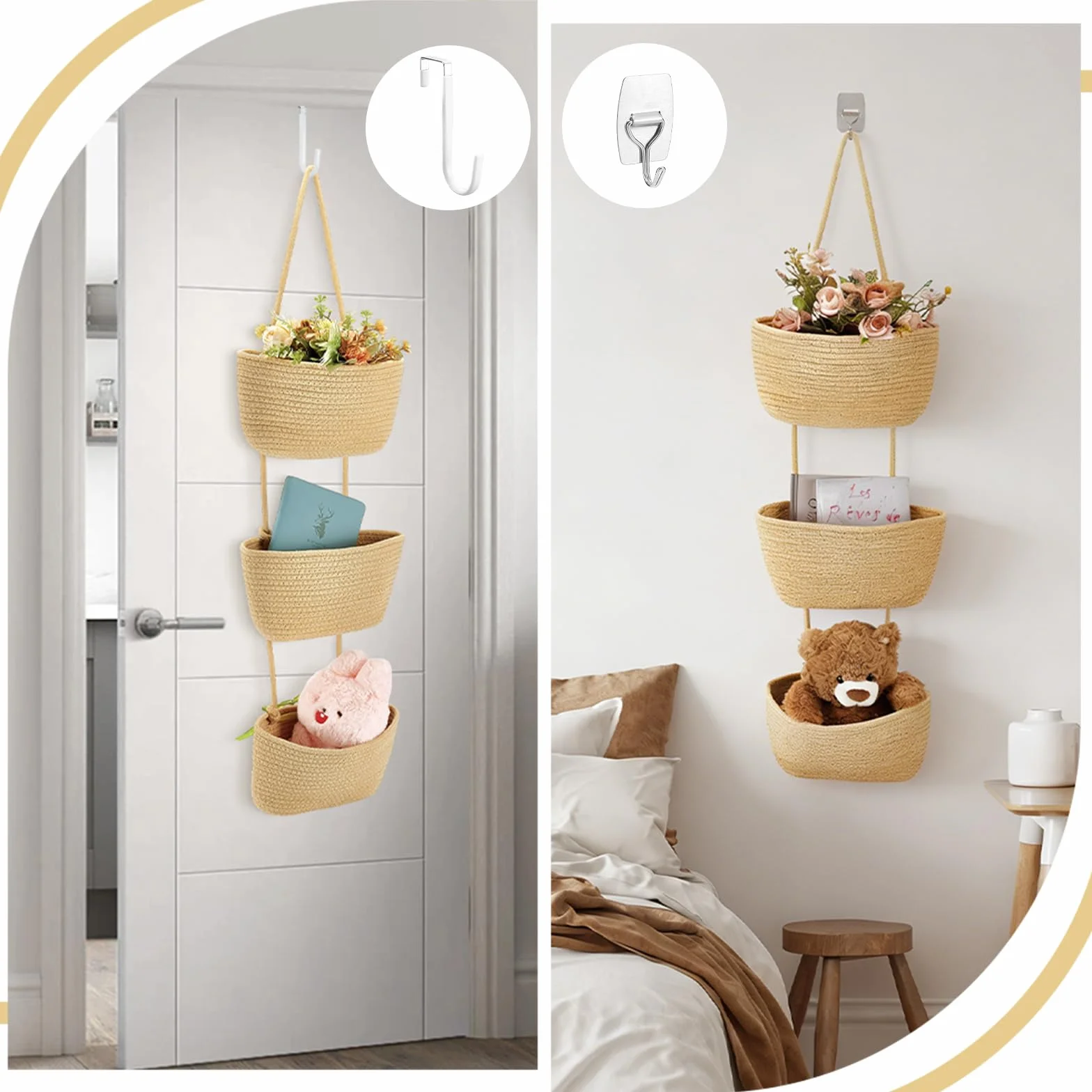 2 cestas colgantes de 3 niveles para colgar sobre la puerta, cesta de almacenamiento de pared de algodón tejido con ganchos, organizador decorativo para colgar en la pared para sala de