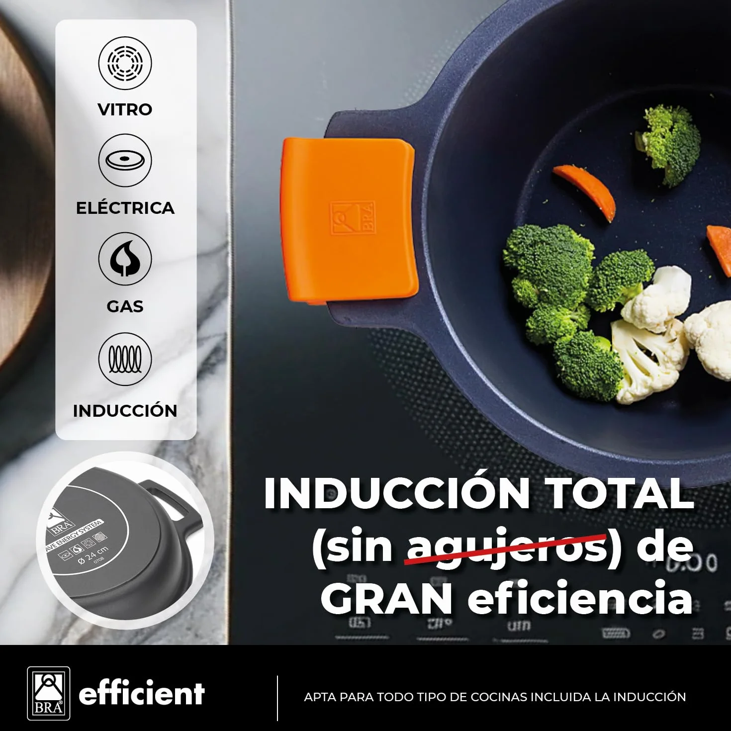 BRA Efficient | Cacerola baja antiadherente sin tapa, apta para todo tipo de cocinas e inducción, 45 cm
