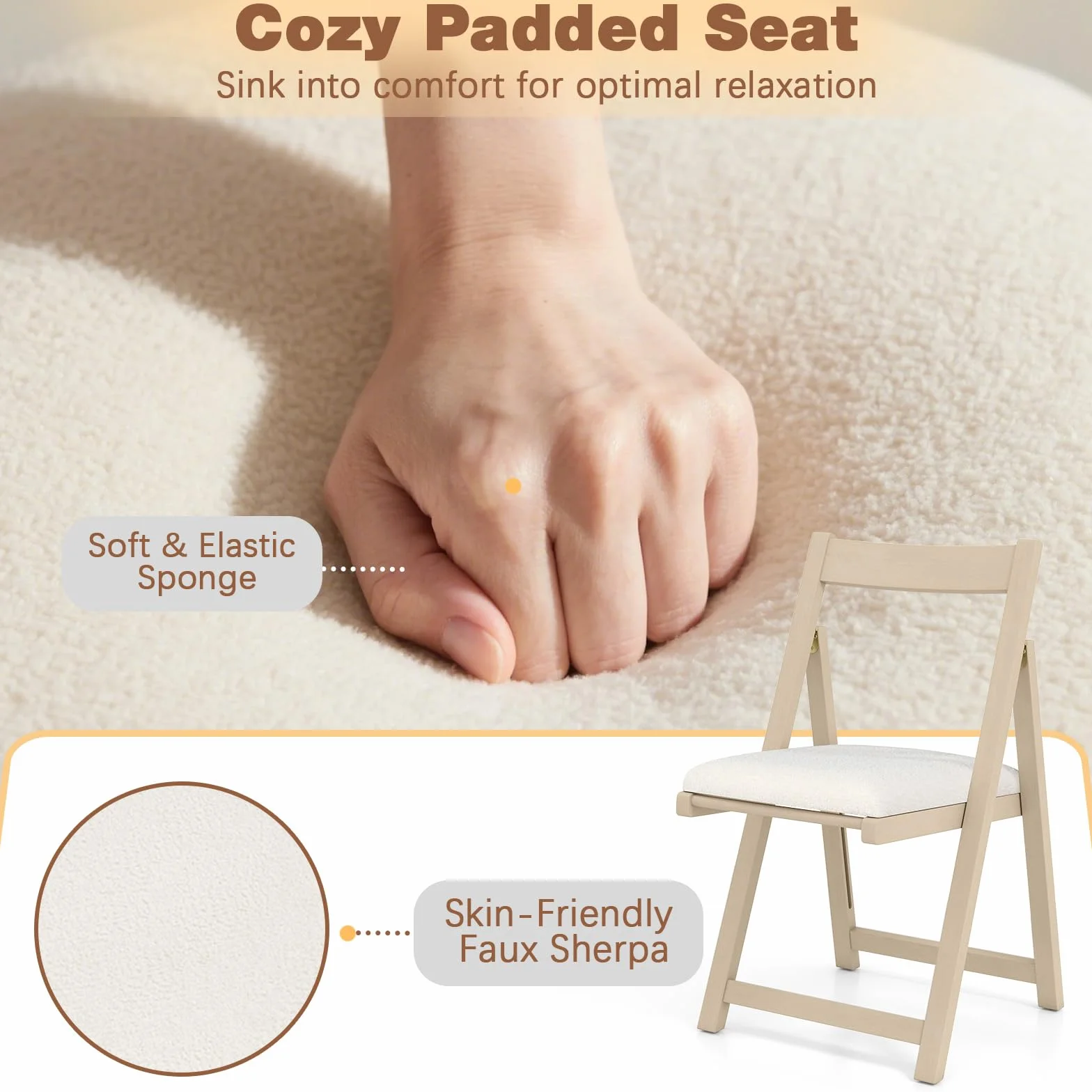 GIANTEX Juego de 2 Sillas de Comedor Plegables, Asiento Acolchado y Respaldo Inclinado, Estructura de Madera de Caucho, Carga hasta 150 kg, Sillas para Cocina, Salón (Beige)