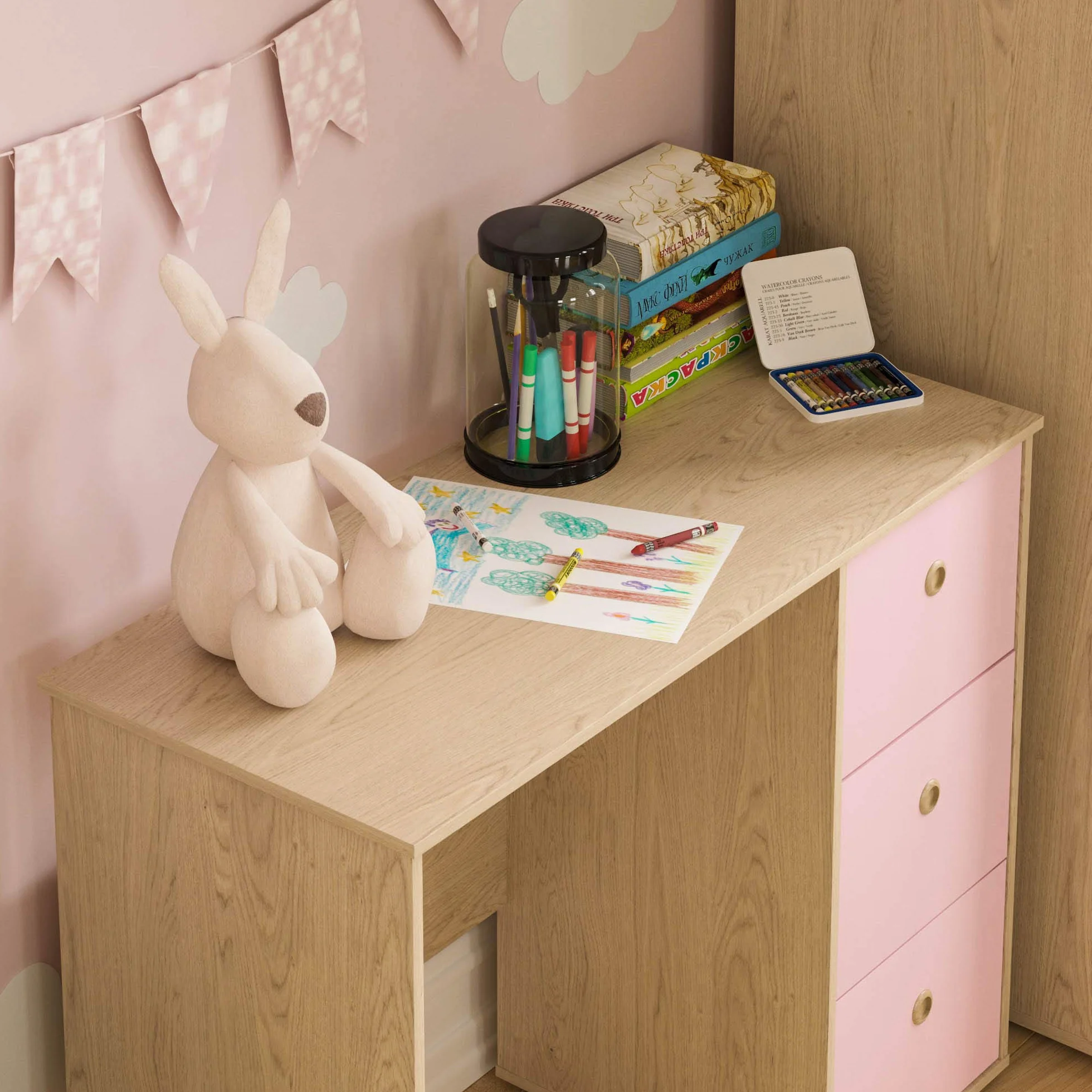 Junior Vida Neptune Escritorio 3 Cajones Ordenador Portátil Estación Trabajo Estudio Casa Muebles Niños Rosa Roble