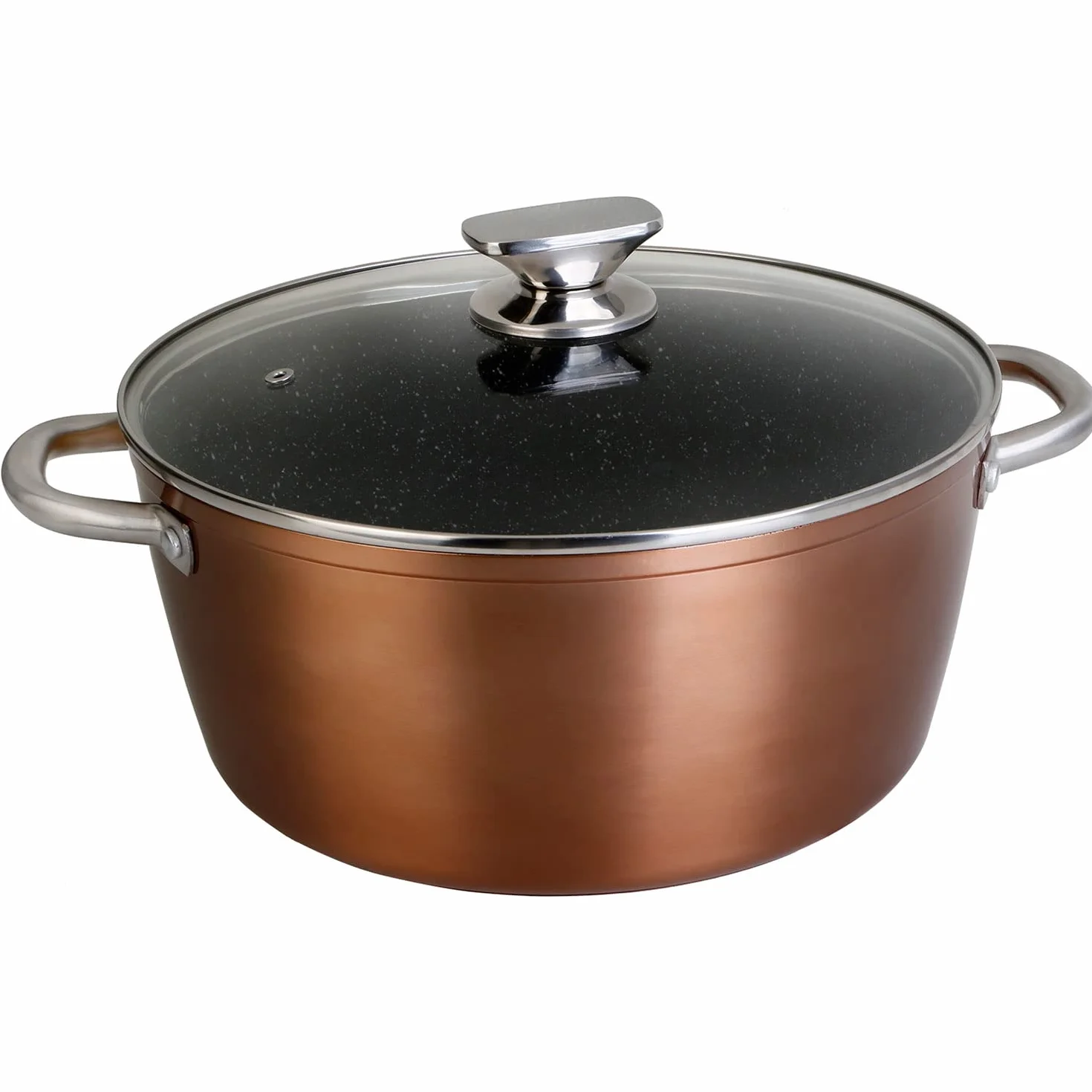 WECOOK! Professional Cazuela Alta Inducción con Tapa de Cristal 28 cm, Antiadherente Ecológico sin PFOA, Aluminio Forjado, Color Cobre, 2,8 mm Espesor, Asas de Acero Inoxidable, Vitrocerámica, Gas