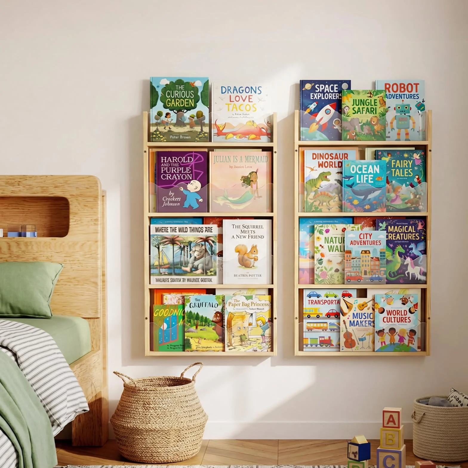 Librería Infantil de Pared 4 Niveles Madera y Acrílico, Estantería para Libros Flotante Habitación Bebé, librería Montessori para bambinis, contenidos per libri per Bambini per angolo lettura