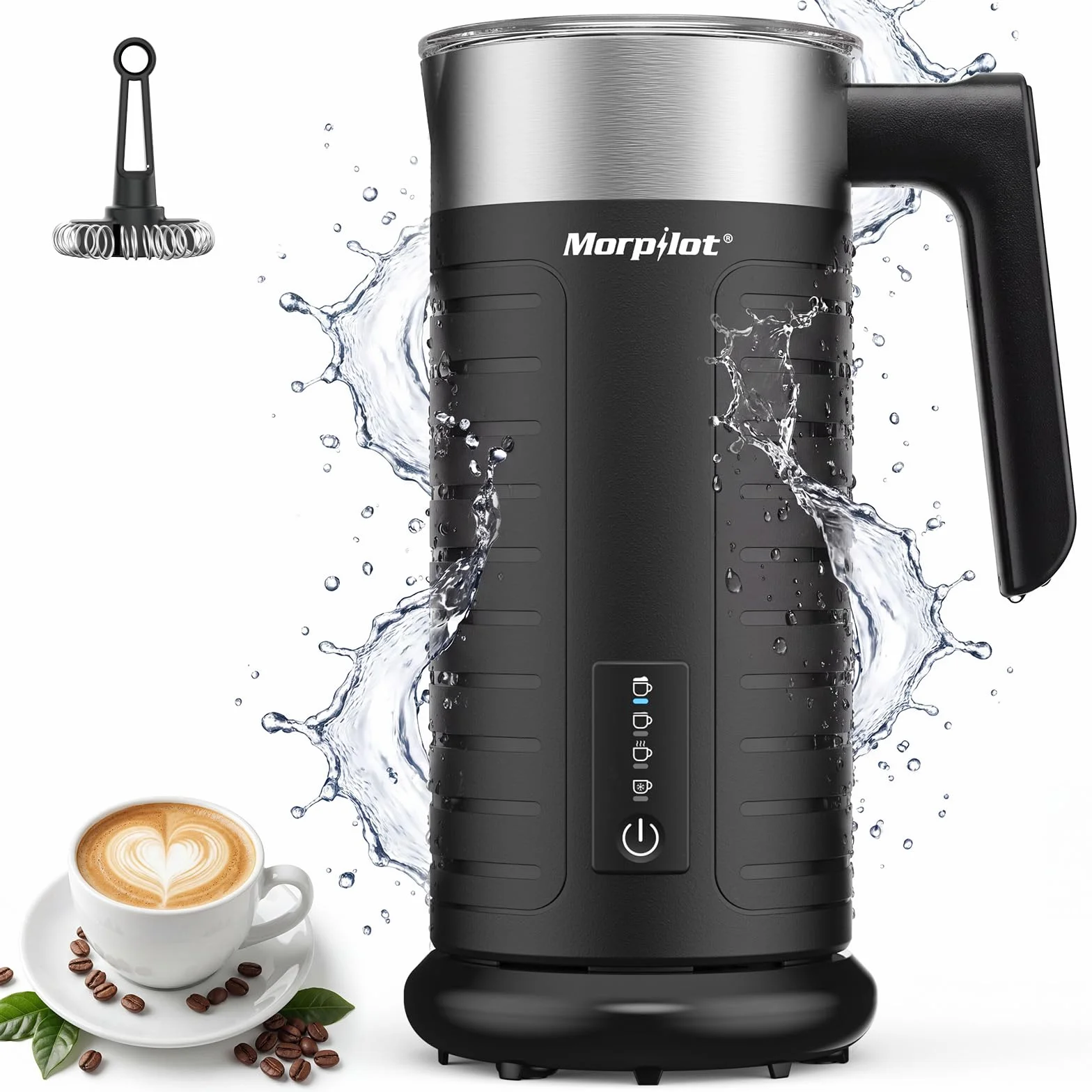 Morpilot Espumador de Leche Eléctrico 4 en 1, Apto para Lavavajillas, Espuma Fría y Caliente, Calentador de Leche Automático, Fácil de Limpiar, Silencioso, para Cappuccino, Latte y Macchiato