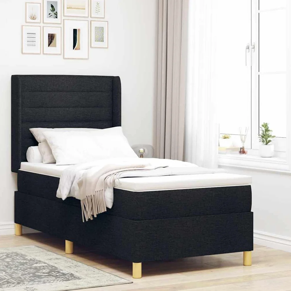 Cama con somier negro de 90 x 200 cm de tela con tiras de luz LED y cabecero ajustable, somier de lamas, colchón de resistencia media, marco de madera, cama moderna para dormitorio individual