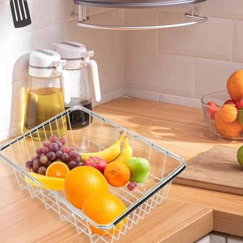 Escurridor de fregadero de acero inoxidable con función de drenaje, resistente al óxido, ahorra espacio para cocina, vajilla multifuncional, accesorio de cocina, limpiador para fregadero y encimera