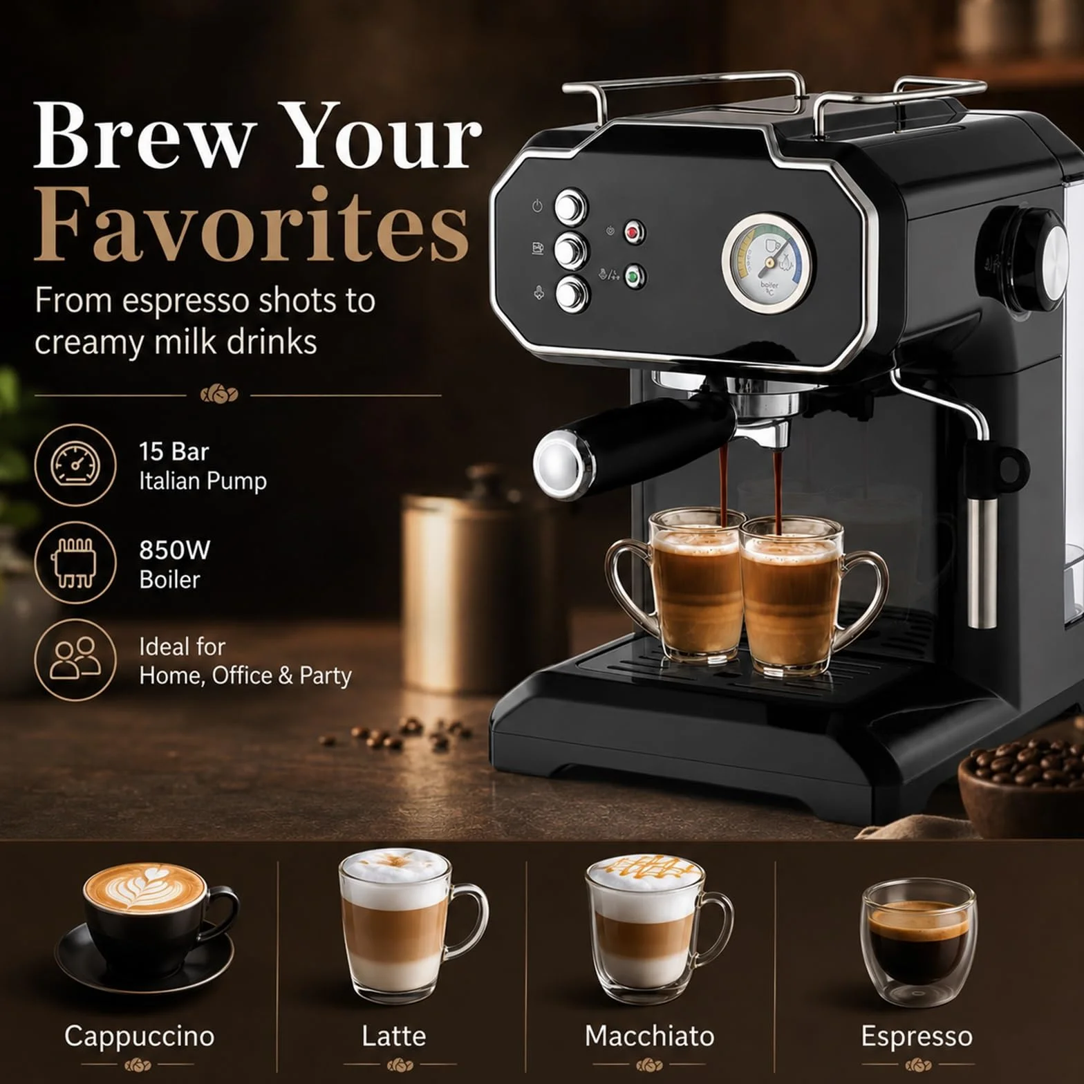 Cafetera Espresso De 15 Bares, Máquina Automática Con Vaporizador Para Espumar Leche, Cafetera De Alta Presión Para Cappuccino Y Latte, 850 W, Ideal Para El Hogar Y La Oficina