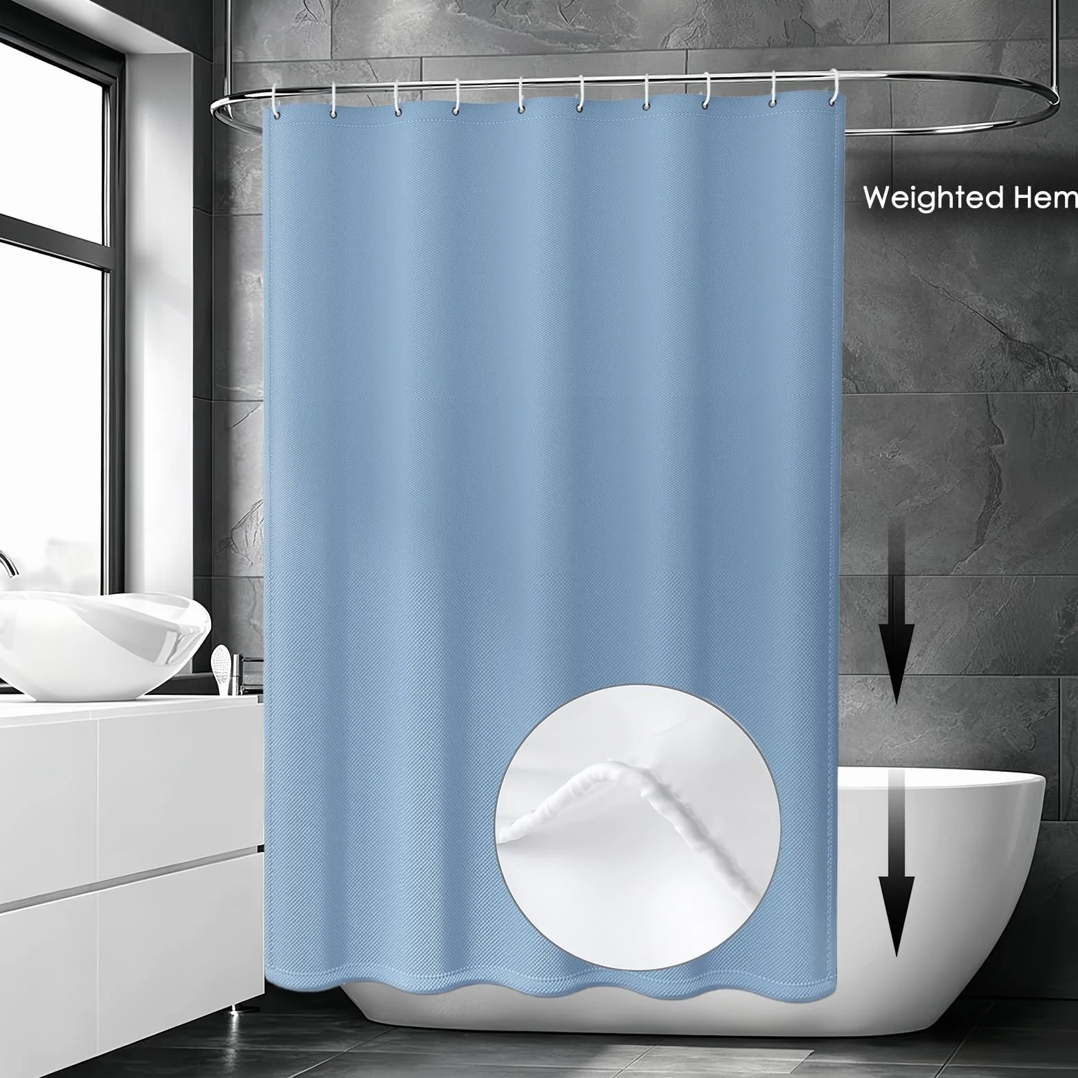 Cortina de Ducha de Tela 260 x 190 cm Cortina de Ducha Resistente Al Moho - Antimoho, Impermeable, Lavable, de Poliéster con Ojales y Anillos, para Baño, Bañera, Azul Claro