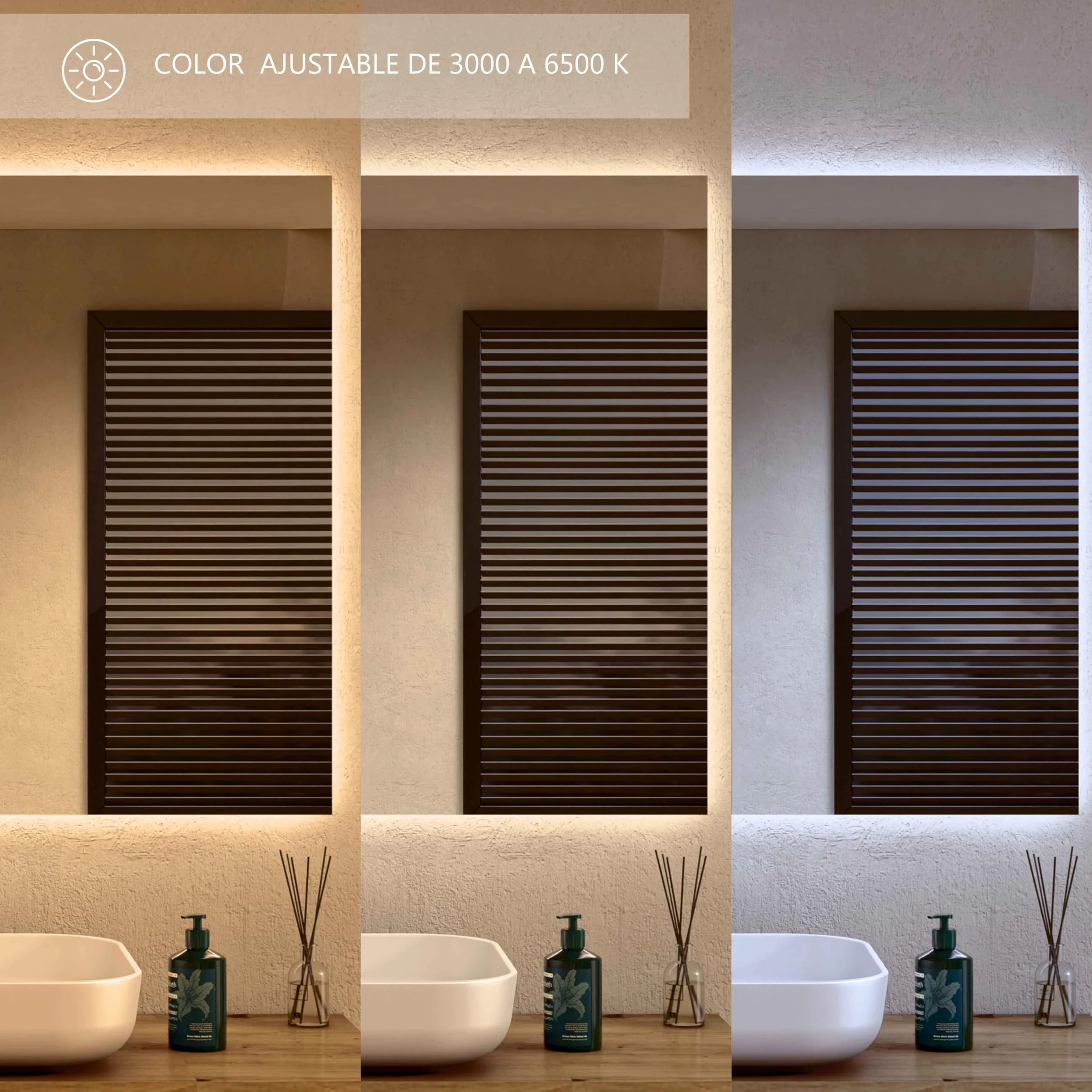 BELLOBATH - Espejo Baño con Luz Led, Luz Ajustable en 3 Colores e Intensidad, Antivaho, Espejos de Baño con Led, Waterproof IP65 - Luz Indirecta - 80cm Alto x 120cm Ancho