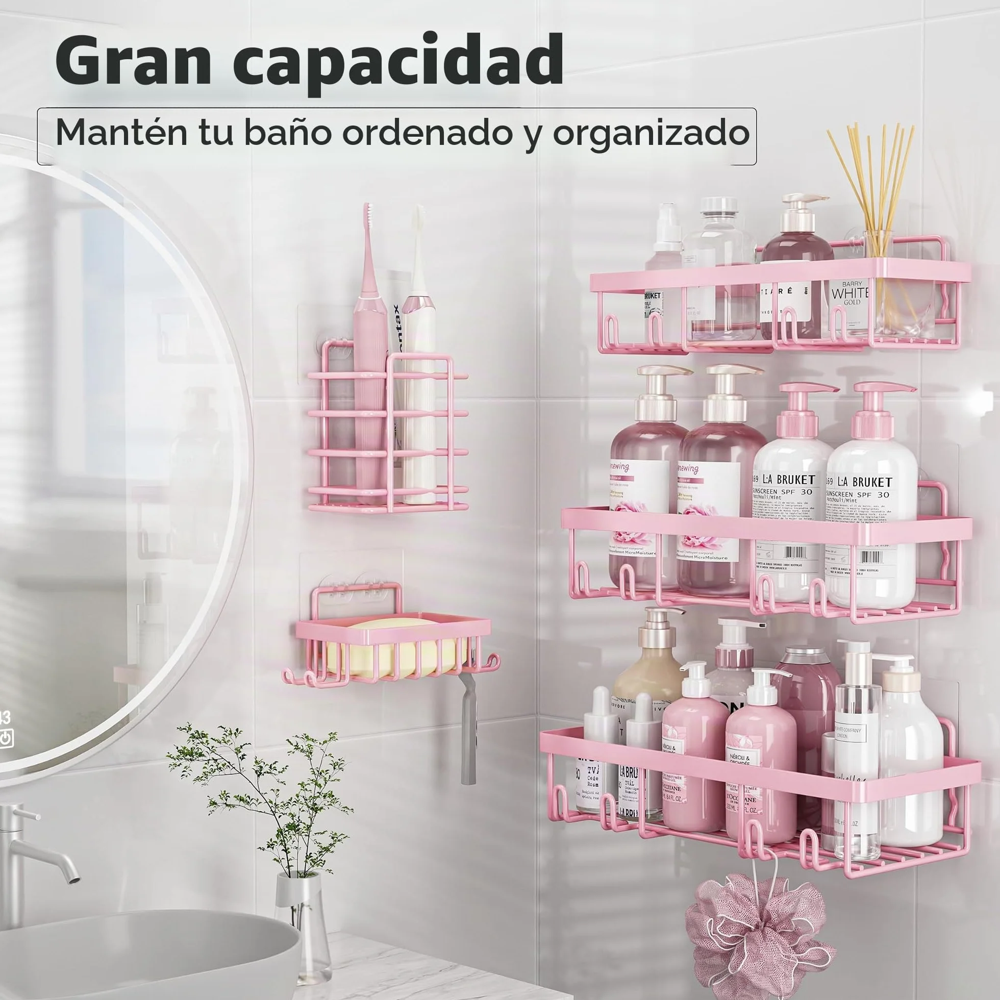 Liuoud Paquete de 5 estantes organizadores de ducha para regadera interior, cesta de almacenamiento adhesiva de pared de baño de acero inoxidable, soporte de champú de acero inoxidable, juego de