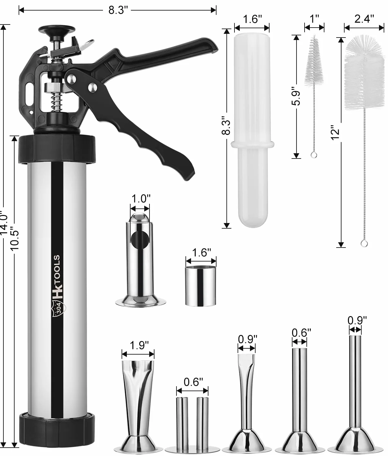 HK Kits de pistola de cecina, pistola para hacer cecina, máquina de albóndigas, pistola de acero inoxidable de 2.5 libras para hacer salchichas con 5 boquillas de acero inoxidable, 2 cepillos de