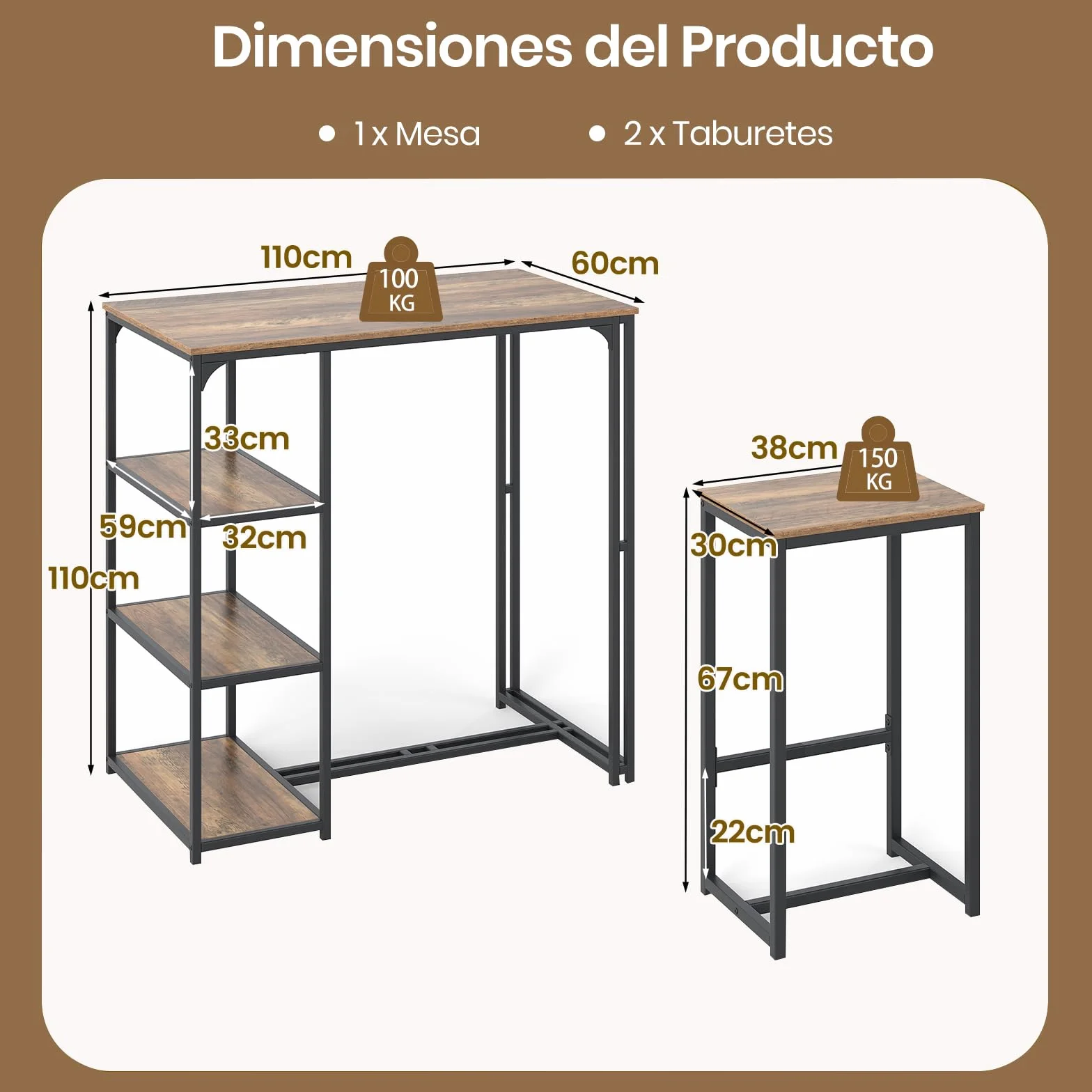 COSTWAY Juego de Mesa y Taburetes de Bar, 110x60x110 cm, Mesa Alta de Cocina con 2 Taburetes, 3 Estantes, Marco de Metal, Marrón