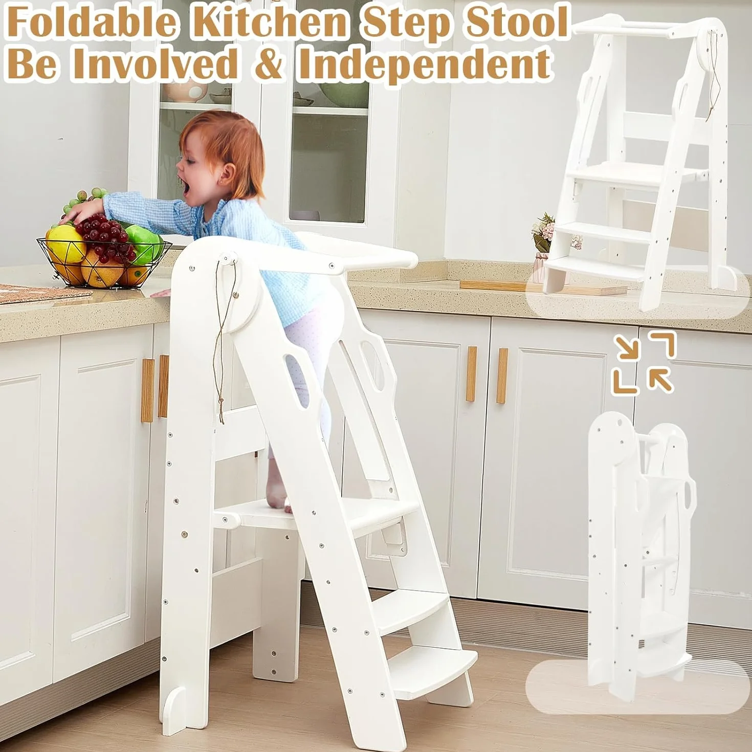 FUNLIO Taburete Plegable para niños Altura Ajustable 3 Niveles Rieles Seguridad Montessori Blanco