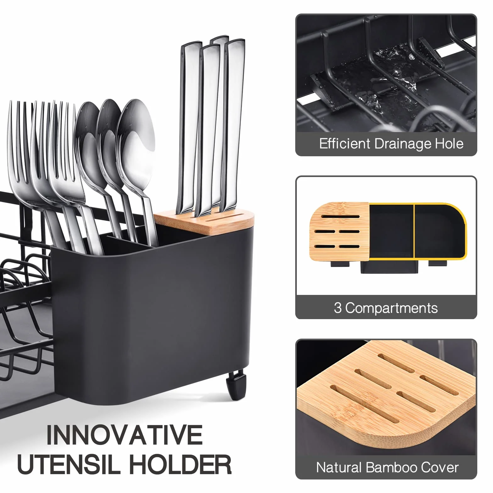 KINGRACK Escurreplatos Extensible de Gran Capacidad con Soporte para Cubiertos Extraíble, Negro