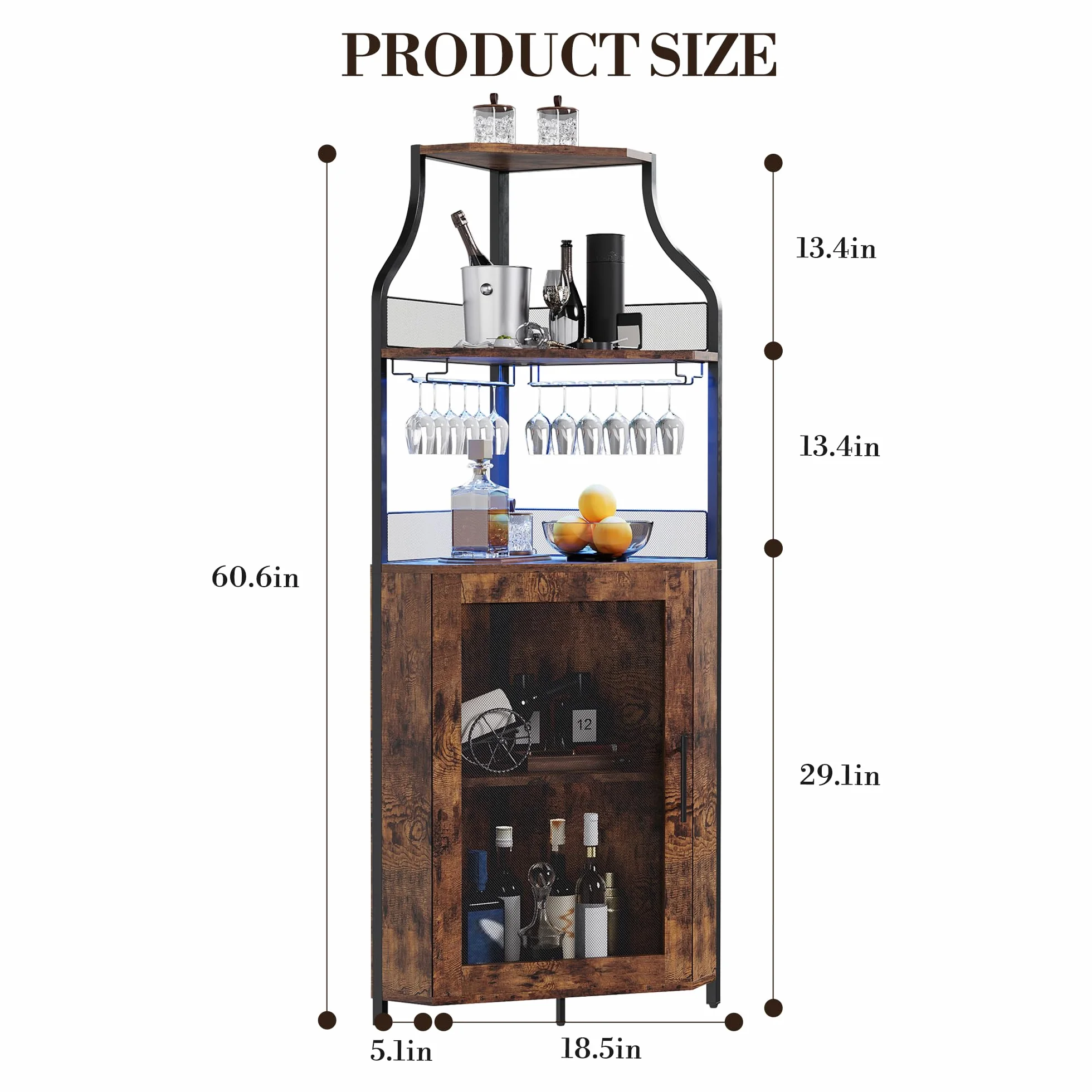 Armario de Vino con Luces LED, Mueble Bar Industrial de 5 Niveles con Botellero y Porta Copas, Estantería para Vinos con Puerta de Malla para Salón y Comedor, Marrón Retro