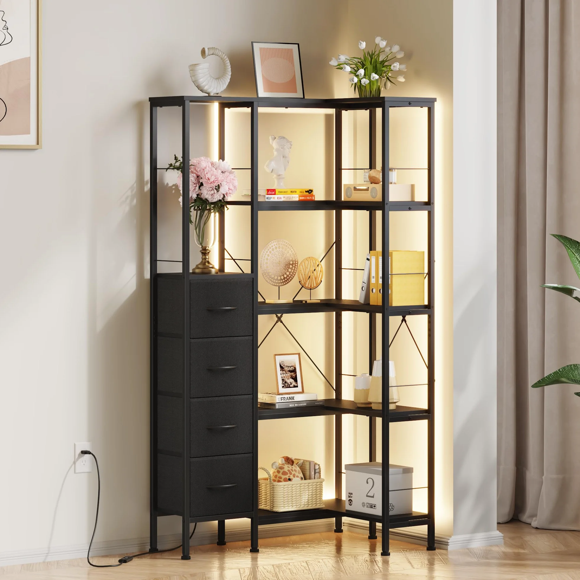 Estanteria Esquina con Iluminación LED, Estanterias Almacenaje de 5 Niveles con 4 Cajones de Tela, Estanteria Libros, Estanteria para Sala de Estar, Dormitorio, Oficina, Negro