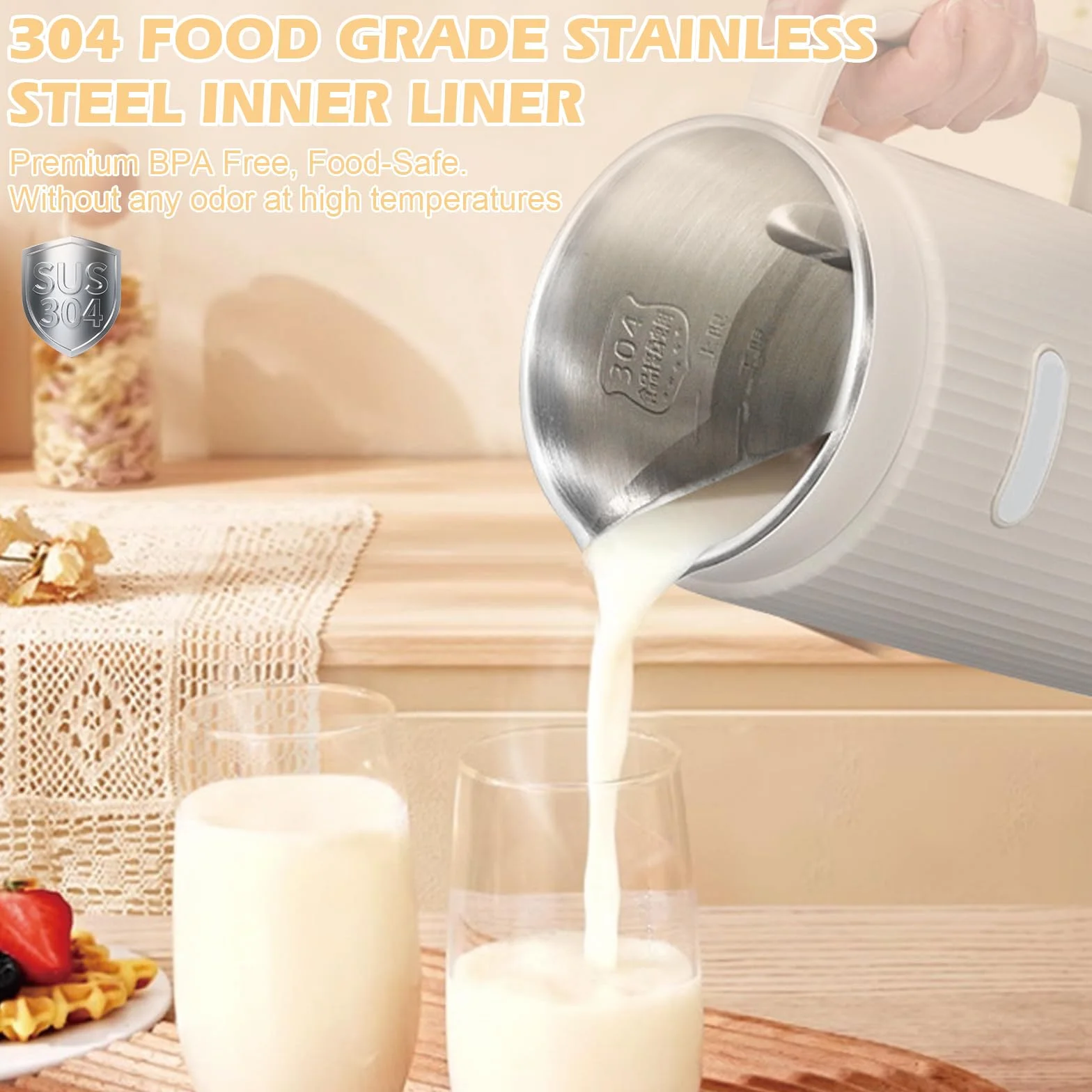 Máquina de Leche Vegetal 8 en 1, 1.2L con Autolimpieza, Temporizador - Elabora Leche de Avena, Almendra, Soja, Frutos Secos y Zumos (Blanco)
