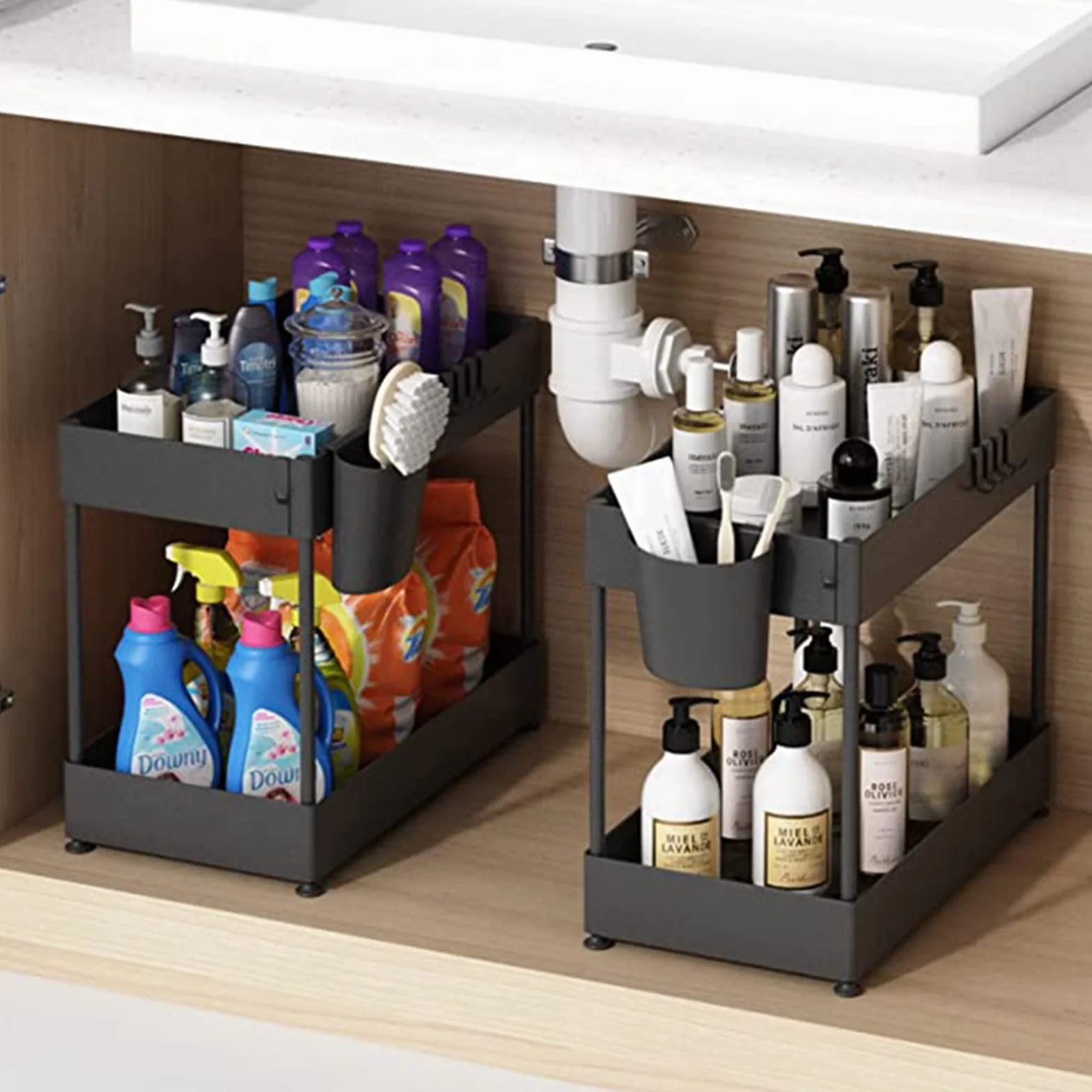 PRUJOY Organizador Debajo del Fregadero, Organizador de Almacenamiento, Organizador de gabinete de Cocina y Cesta de Almacenamiento con Ganchos, 2 Niveles para baño y Cocina