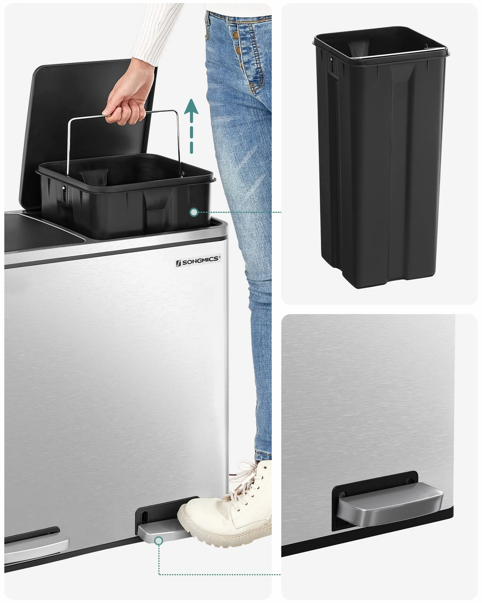 SONGMICS Cubo de basura, sistema de separación de residuos con 2 compartimentos, cubo de basura para cocina, 2 x 24 L, cierre suave, con pedales y asas, color plateado LTB48NL