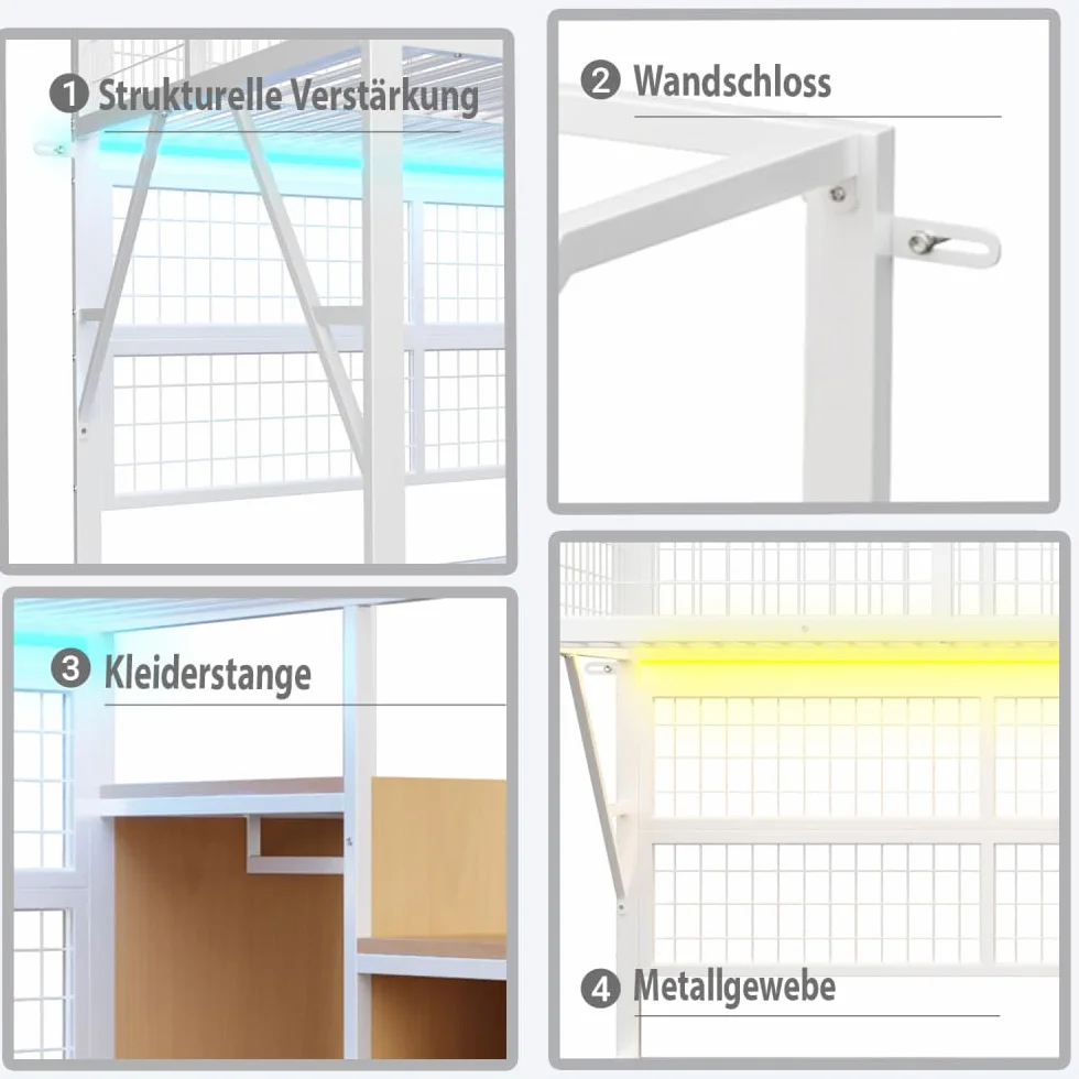 I0I&I0I Cama de metal de hierro para niños y jóvenes con tiras de luz LED, escalera con espacio de almacenamiento, armario abierto, color negro, versátil 193 (blanco + metal + 140 cm x 200 cm)