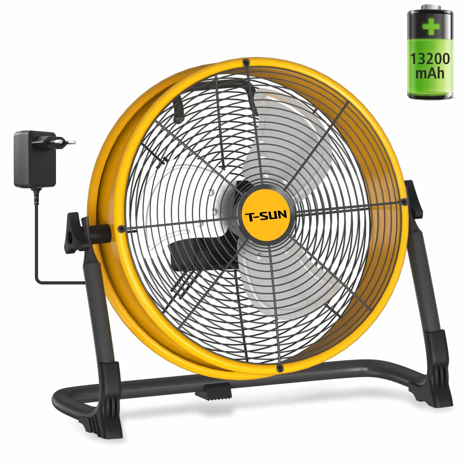 T-SUN Ventilador Suelo Industrial, 30cm Ventilador Recargable con 13200mAh, Ventilador de Pie Portátil y Silencioso, Velocidad Variable, Hasta 27H, para el Patio, Garaje, Reformas, Camping