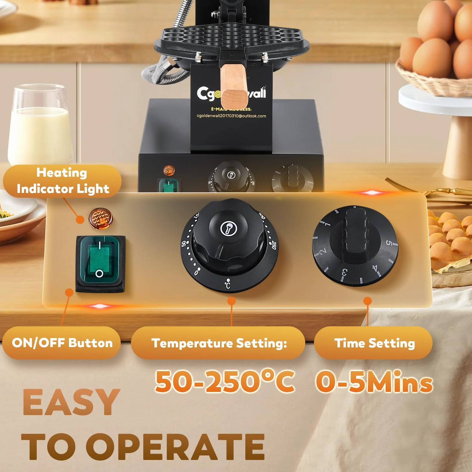 CGOLDENWALL Bubble Waffle Maker de Estilo de Hong Kong 1400W, Placa de Horneado Intercambiable y Antiadherente, Ajuste de Temperatura 0-250℃, para Cafetería/Postres/Restaurante - Incluye Recetas