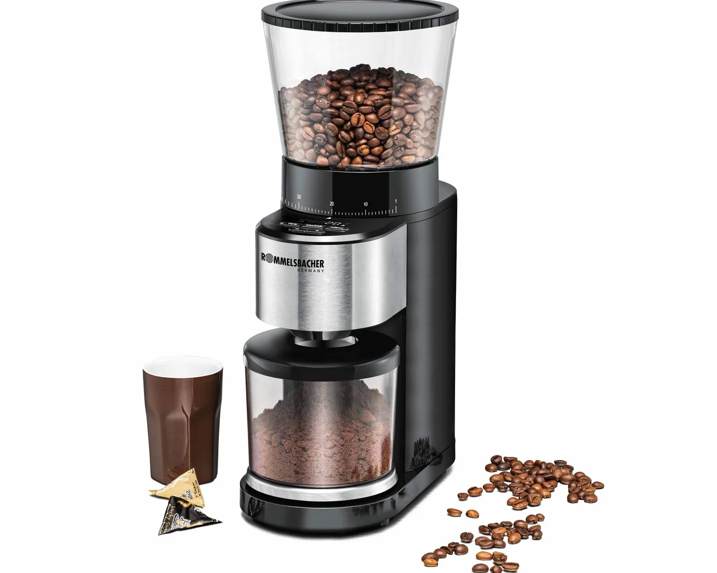 ROMMELSBACHER Molinillo de café EKM 500, mecanismo cónico, báscula de precisión, soporte para filtro, grado de molienda en 39 niveles, 5 teclas de función para uso individual y flexible
