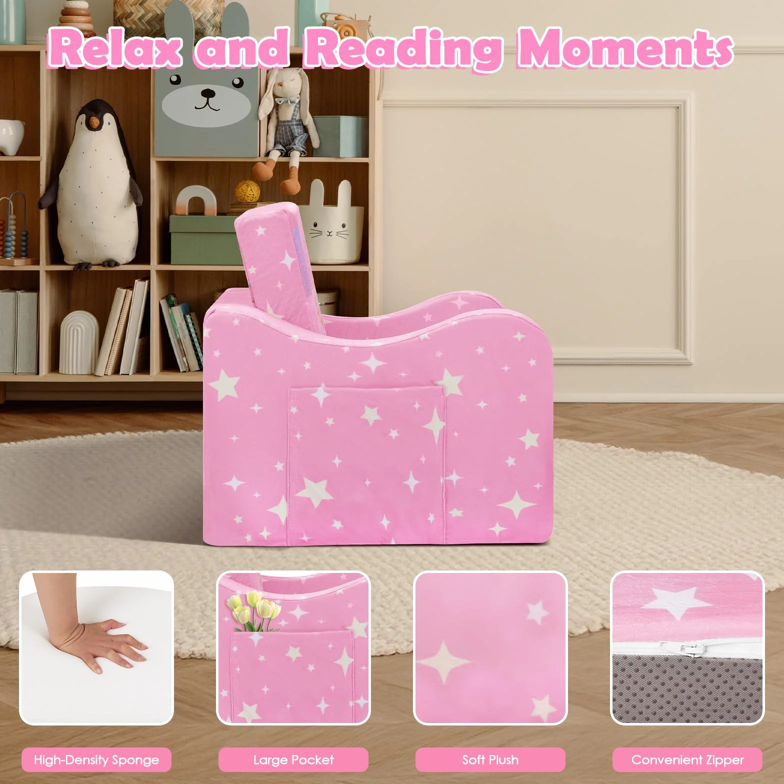Convertible Sofa para Niños 2 en 1, Suave Cómoda Sofa para Niñas y Niños, Estable Silla Plegable Niño para Dormitorio Sala de Juegos,Rosa Princesa