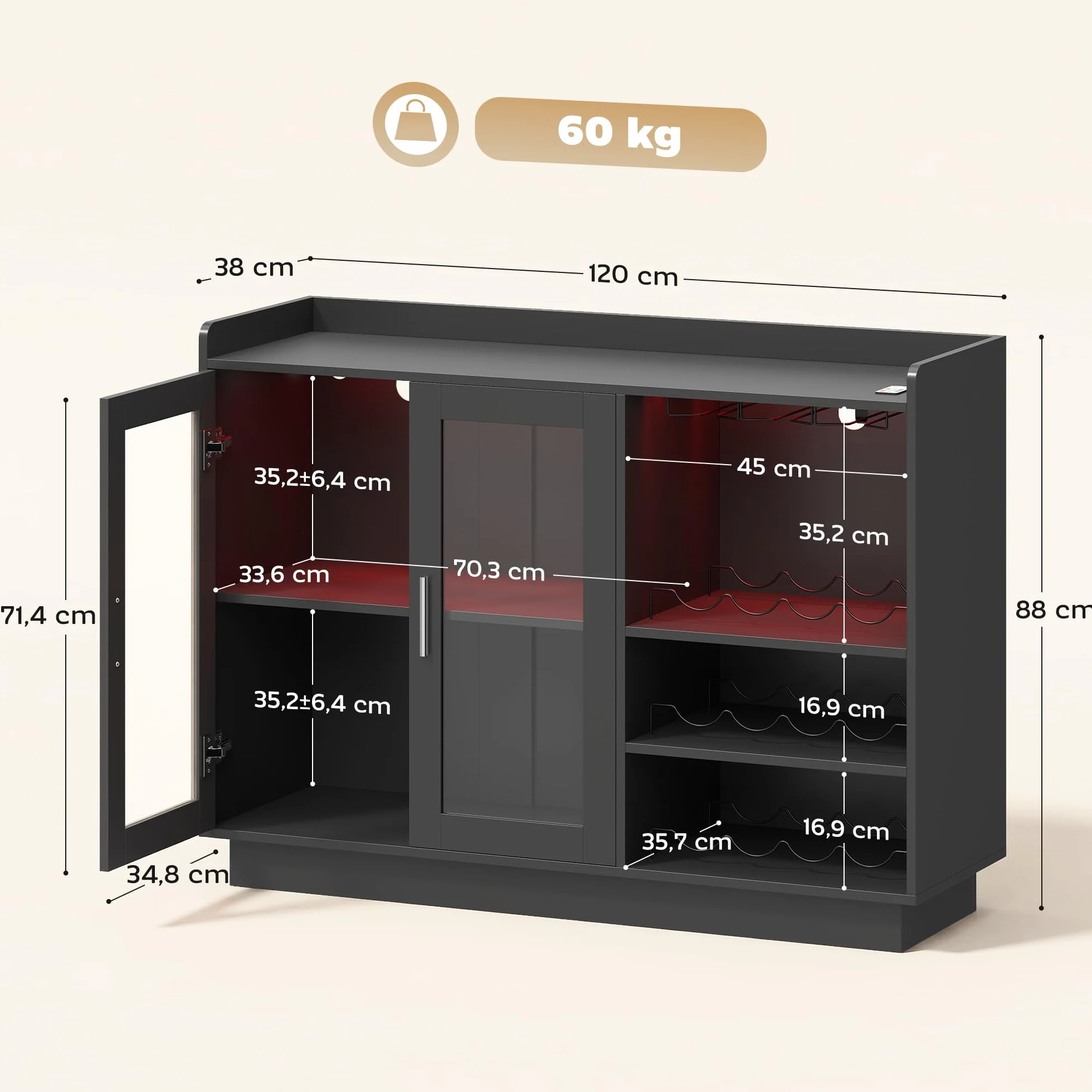 HOMCOM Mueble de Bar, Armario Buffet para Vinos con Luces LED RGB y Botellero para 12 Botellas, Aparador de Cocina con Estante Ajustable y Puertas de Cierre Suave, para Comedor, Salón, Negro