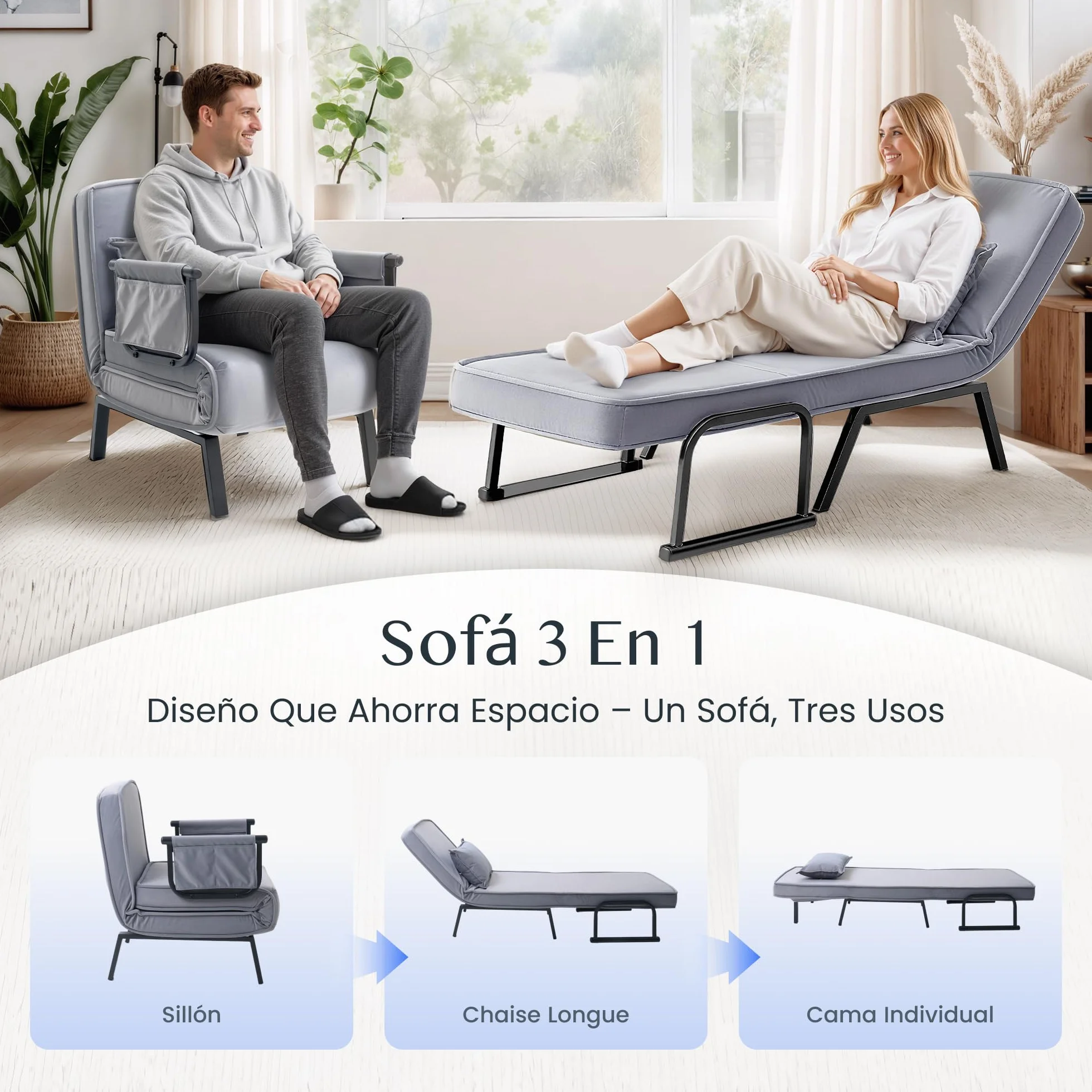 FLEXISPOT Sillón Cama 3 en 1 con función de Cama, Respaldo Ajustable, sofá Cama de Lino con Bolsillo Lateral, Patas Plegables, Ahorra Espacio para salón, Dormitorio u Oficina (Gris)