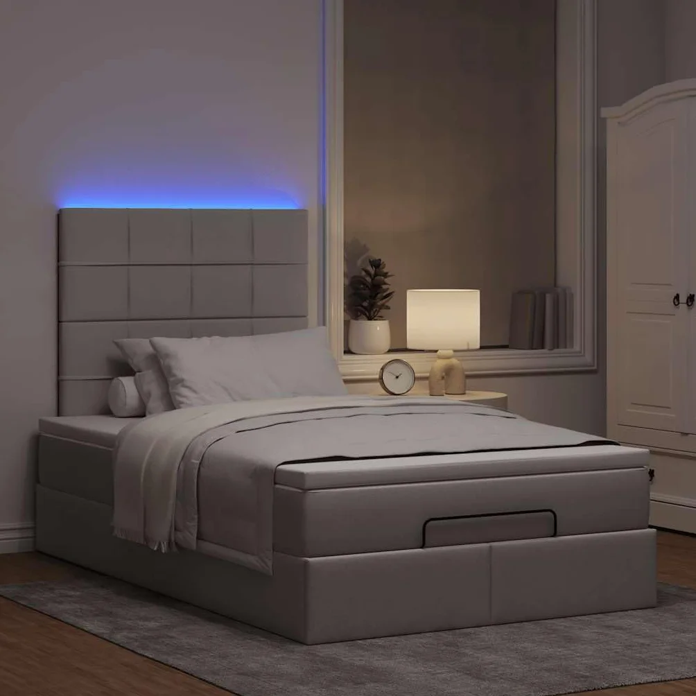 Cama otomana de 120 x 200 cm con muelles ensacados colchón LED espacio de almacenamiento cama de tela pardo hidráulica elevador para jóvenes y habitaciones de invitados