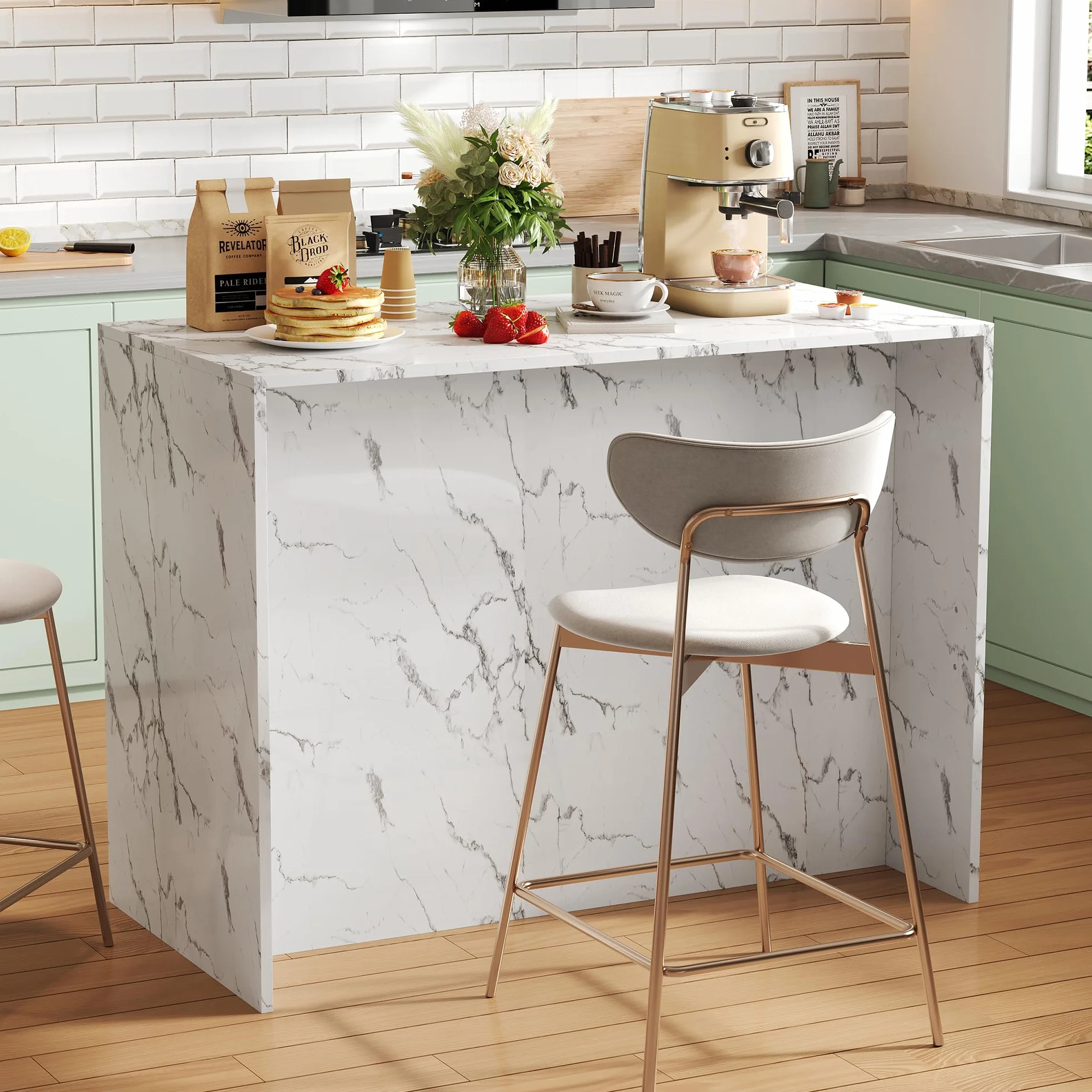 Gran Isla de Cocina, Mueble de mármol con Espacio de Almacenamiento, Mesa de Comedor con 3 cajones y 3 Puertas, Carrito de Bar, 120x60x90,5 cm, Blanco