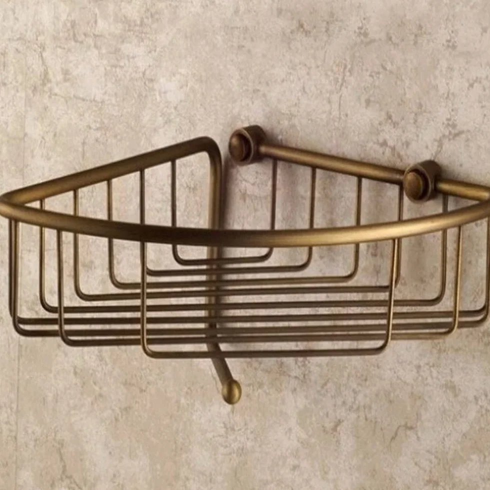 Estantes de baño exquisitos baño de latón Antiguo montado en la Pared Estante de Ducha de Esquina de un Solo Nivel Cesta de Almacenamiento con Gancho, Accesorio de baño