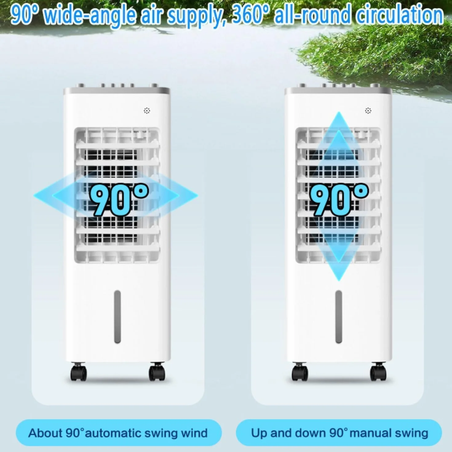 Climatizador Portátil Evaporativo,Oscilación 90°,3 Velocidades y Modo Sueño | Enfriador de Aire con Cristales de Hielo 75W Bajo Consumo, Depósito 4,1-6L,con Mando a Distancia y Ruedas para ，Blanco