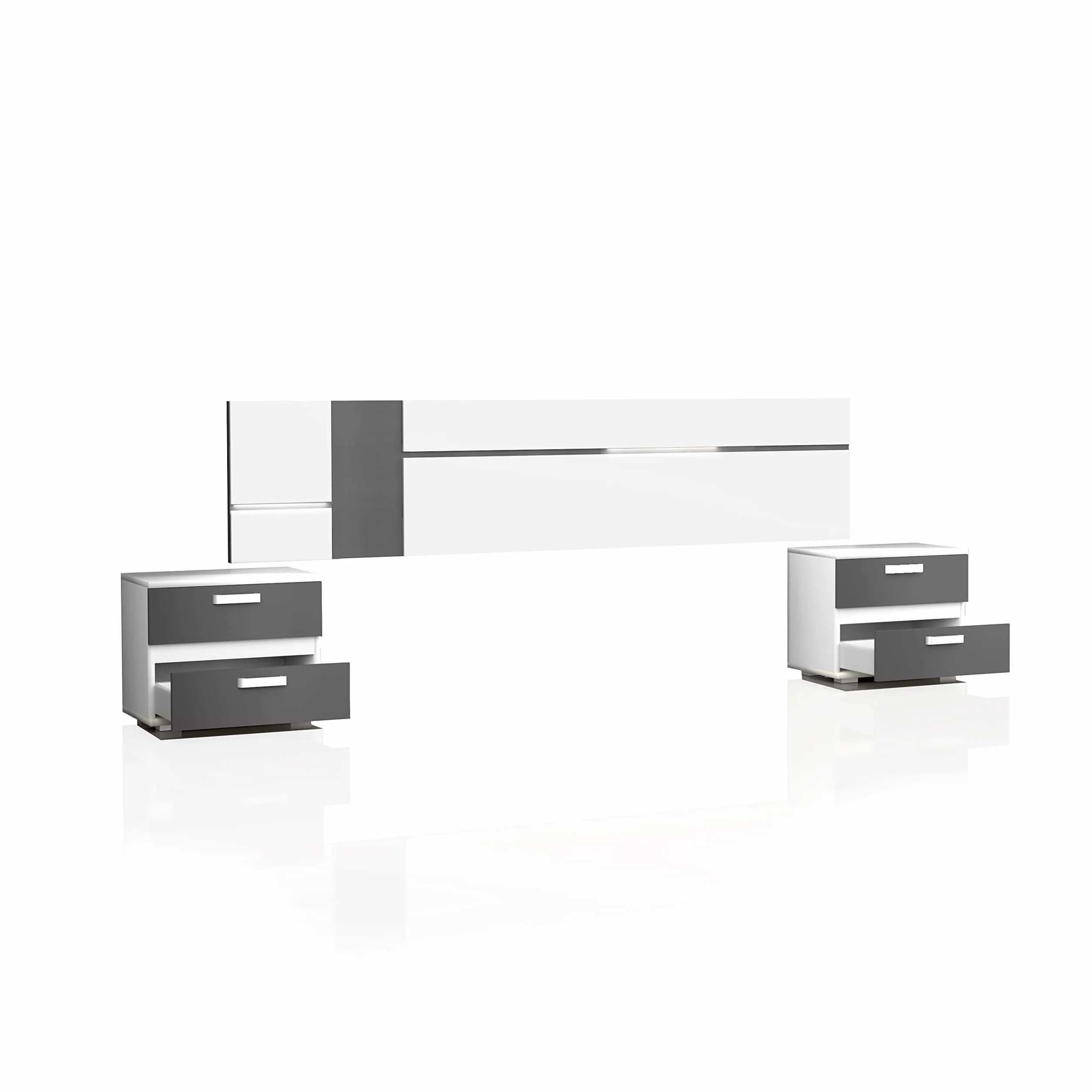 duehome | Pack Cabecero con Leds y 2 Mesitas de Noche, Dormitorio Doble, Dormitorio Completo, Modelo Ataneq Air, Acabado en Blanco y Grafito