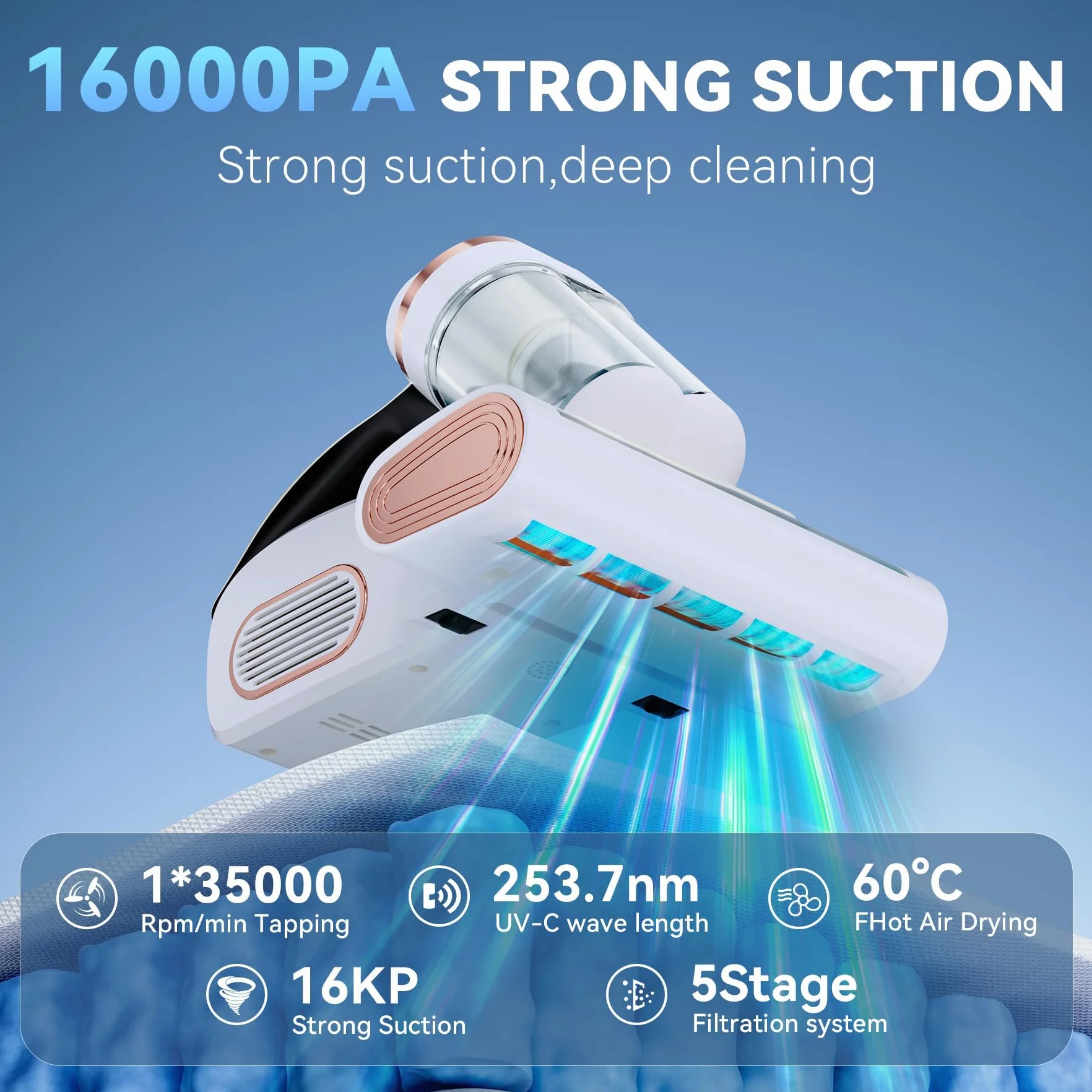 Aspiradora Antiacaros, 16Kpa Aspiradora Antiácaros con Luz UV, Elimina el 99,9% de los Alérgenos, para Colchones, Camas, Sofás y Muebles Tapizados