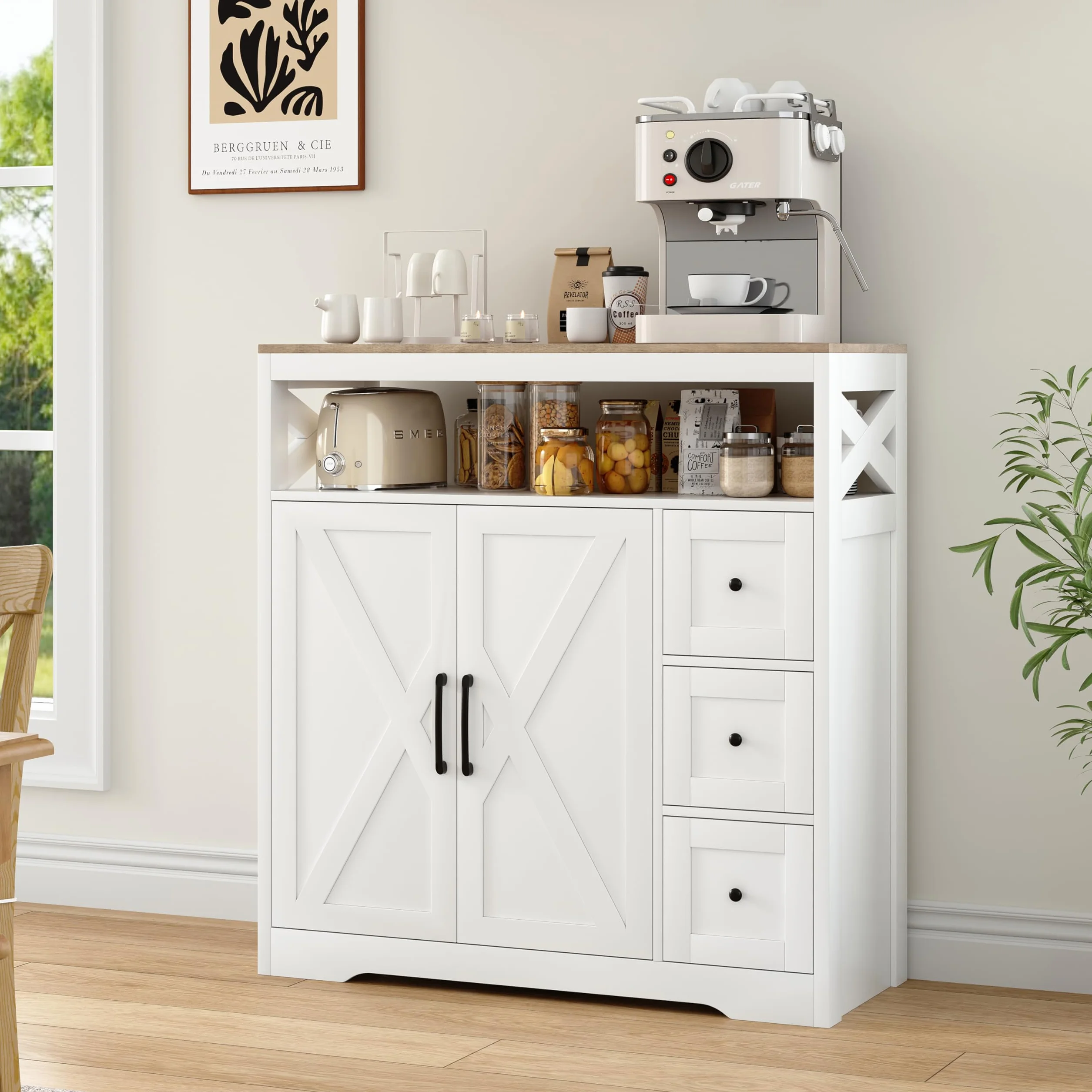 Aparador de cocina, mueble de almacenamiento con 4 puertas y estante ajustable, aparador moderno para comedor, armario de cocina para salón y comedor (100 x 40 x 105 cm)