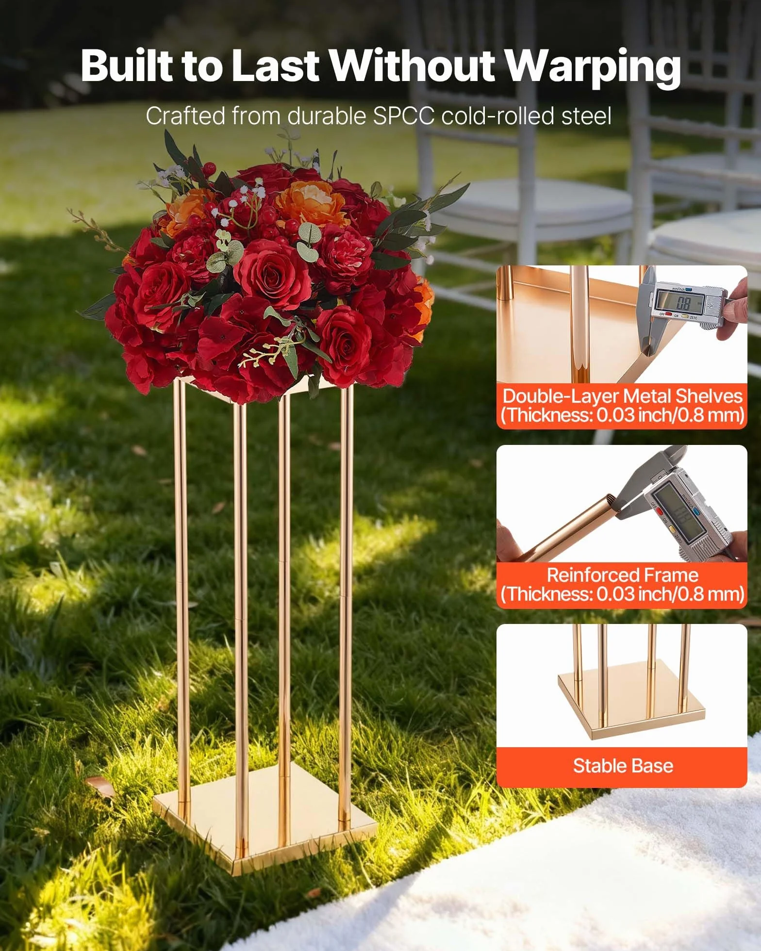 VEVOR Soporte Floral para Bodas, en Forma de Columna, con Laminado Metálico, Ideal para Bodas, Fiestas, Cumpleaños y el Hogar, Soportes Dorados Francés para Centros de Mesa, 200 x 200 x 600 mm, 10 uds