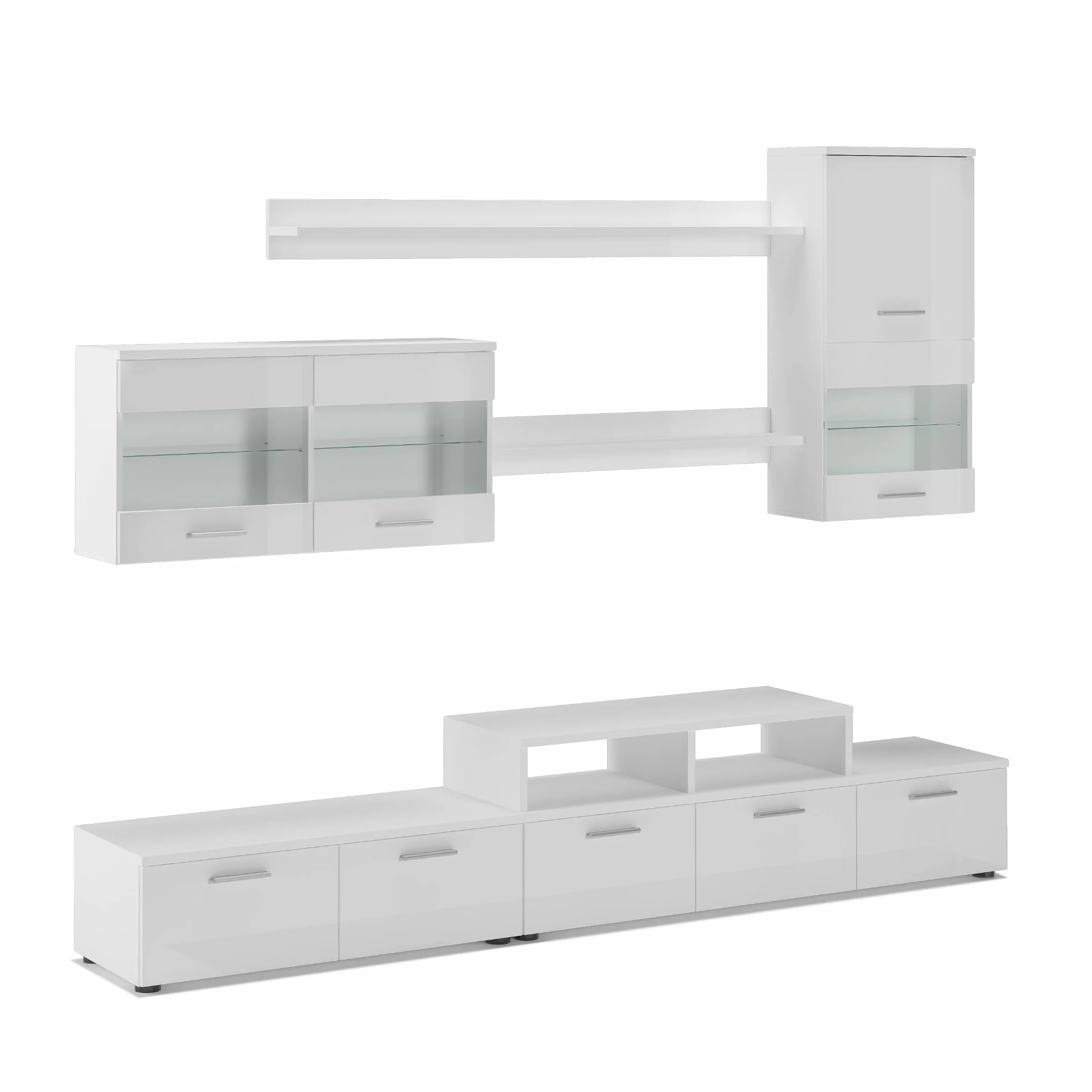 Skraut Home - Mueble para Salón - 194 x 250 x 42 cm - Sistema de Iluminación LED - Modelo Alfa II - Gran Capacidad de Almacenaje - Estilo Moderno - Acabado Blanco
