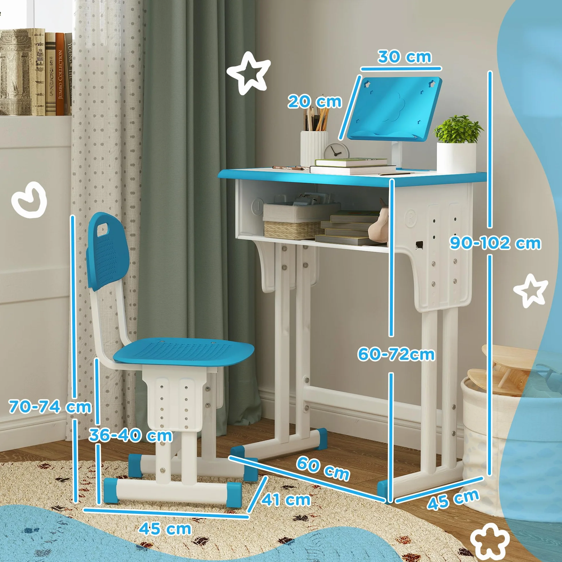 HOMCOM Escritorio Infantil Altura Ajustable 60x45x90-102 cm Azul con Cajón y Estante