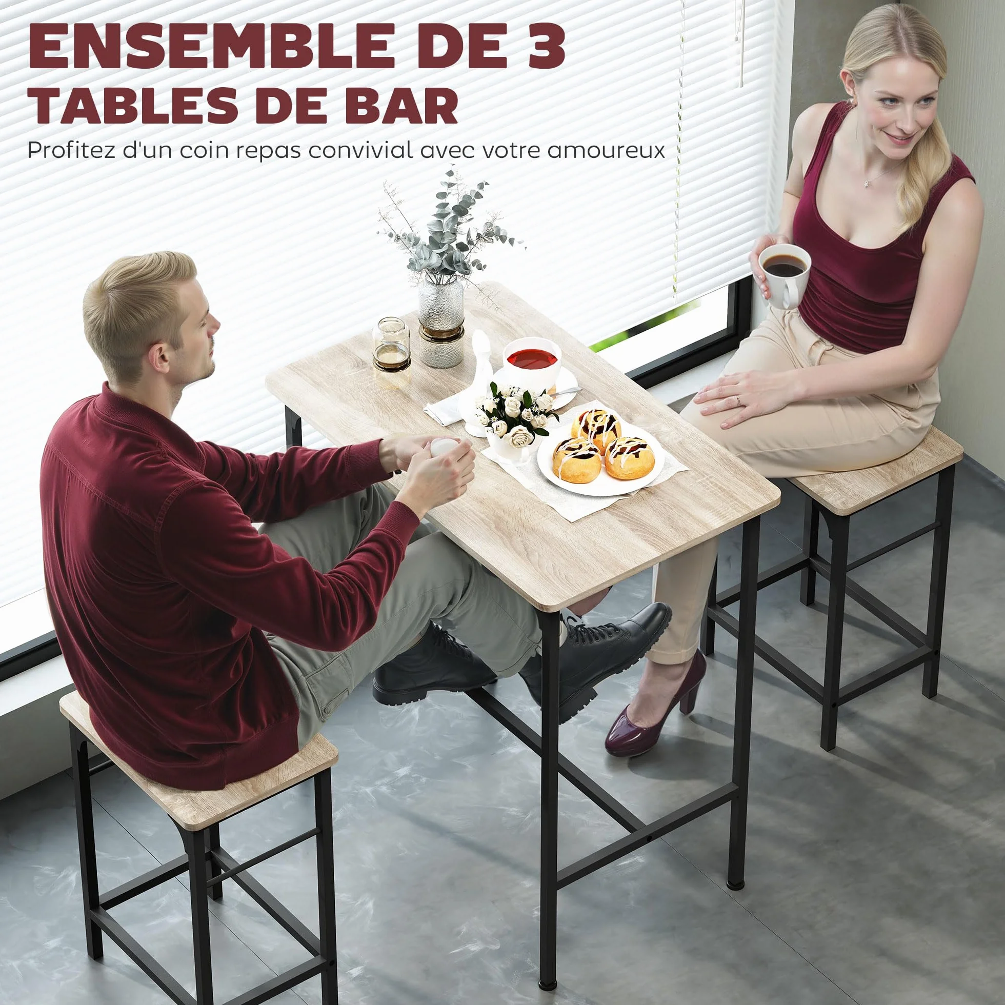 HOMCOM Conjunto de Mesa de Bar con 2 Taburetes, Marco de Acero, Efecto Madera Natural para Cocina y Comedor