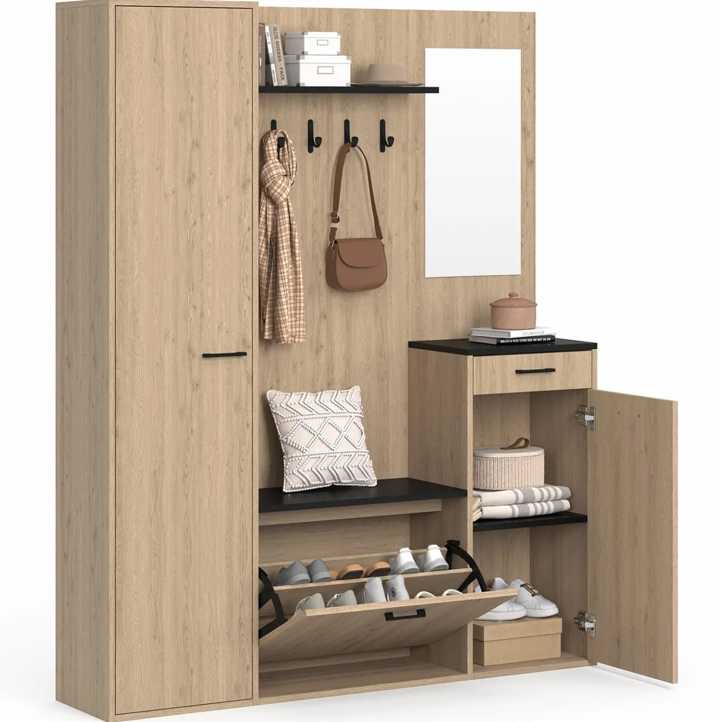 IDMarket – Armario de entrada para guardar zapatos con espejo y estantes MAHAUT XXL Maxi capacidad, efecto madera y negro