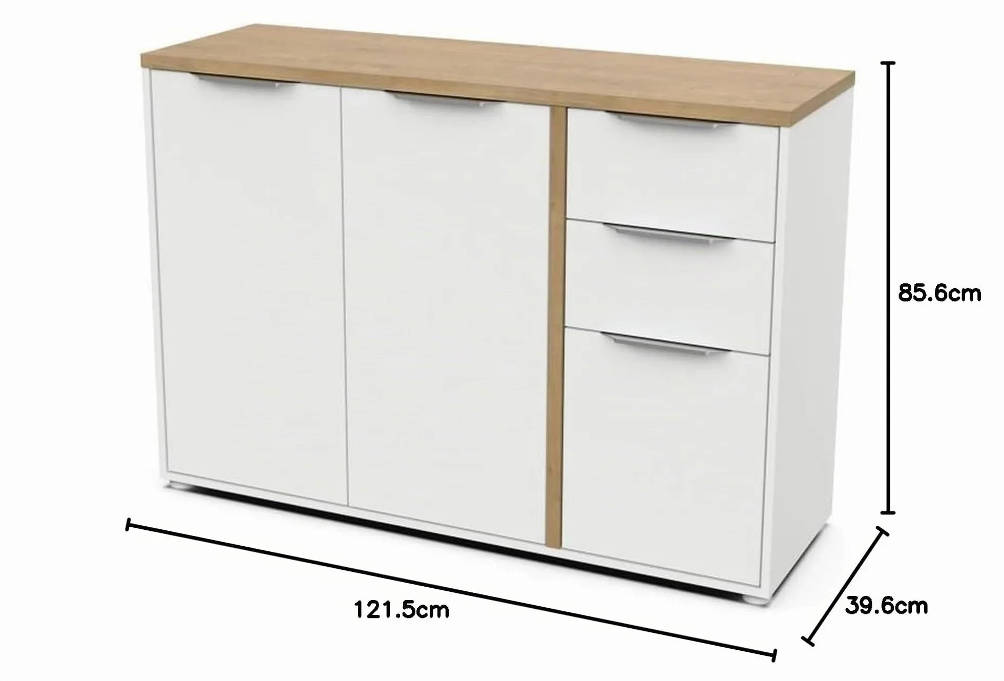 Aparador Moderno Blanco Mate y Roble Hamilton 3 Puertas 2 Cajones 121,5 x 39,6 x 85,6 cm