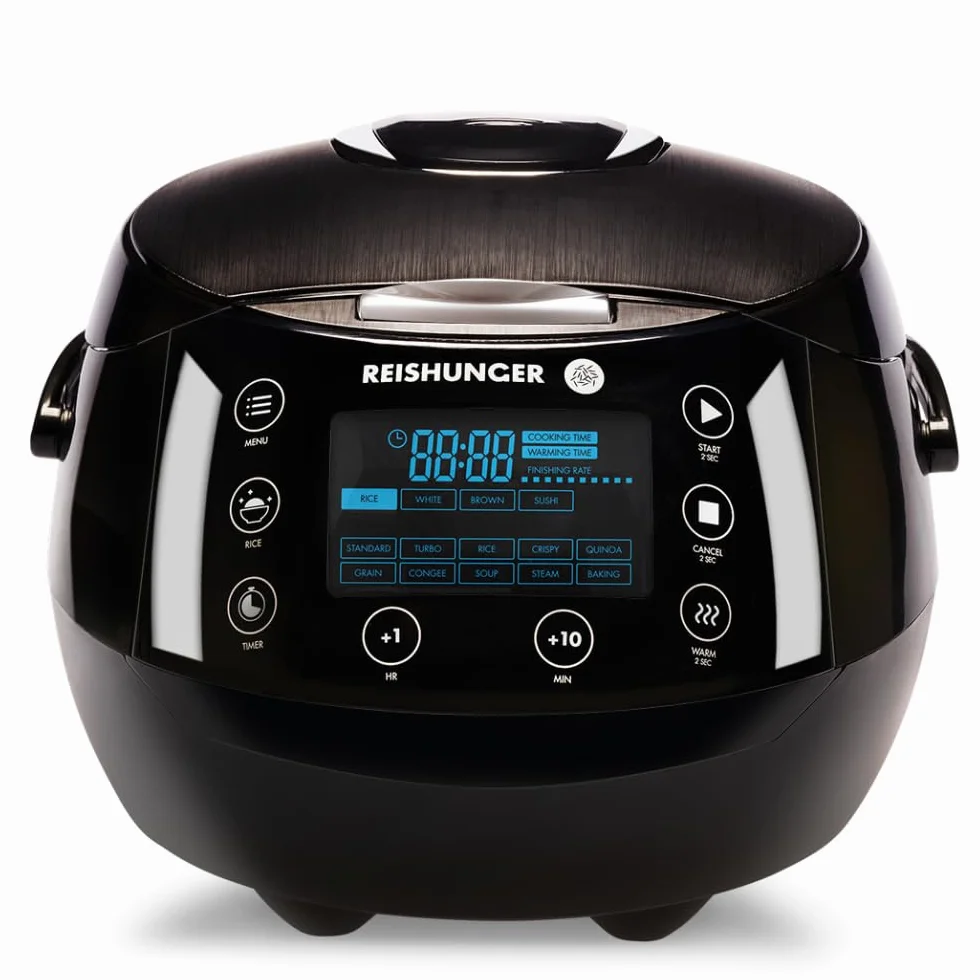 REISHUNGER Olla Arrocera Eléctrica y Vaporera Negro hasta 8 Personas (1.5 l)– Hervidor de Arroz con 12 Programas - Con Pantalla LED y Función Automática de Mantenimiento del Calor