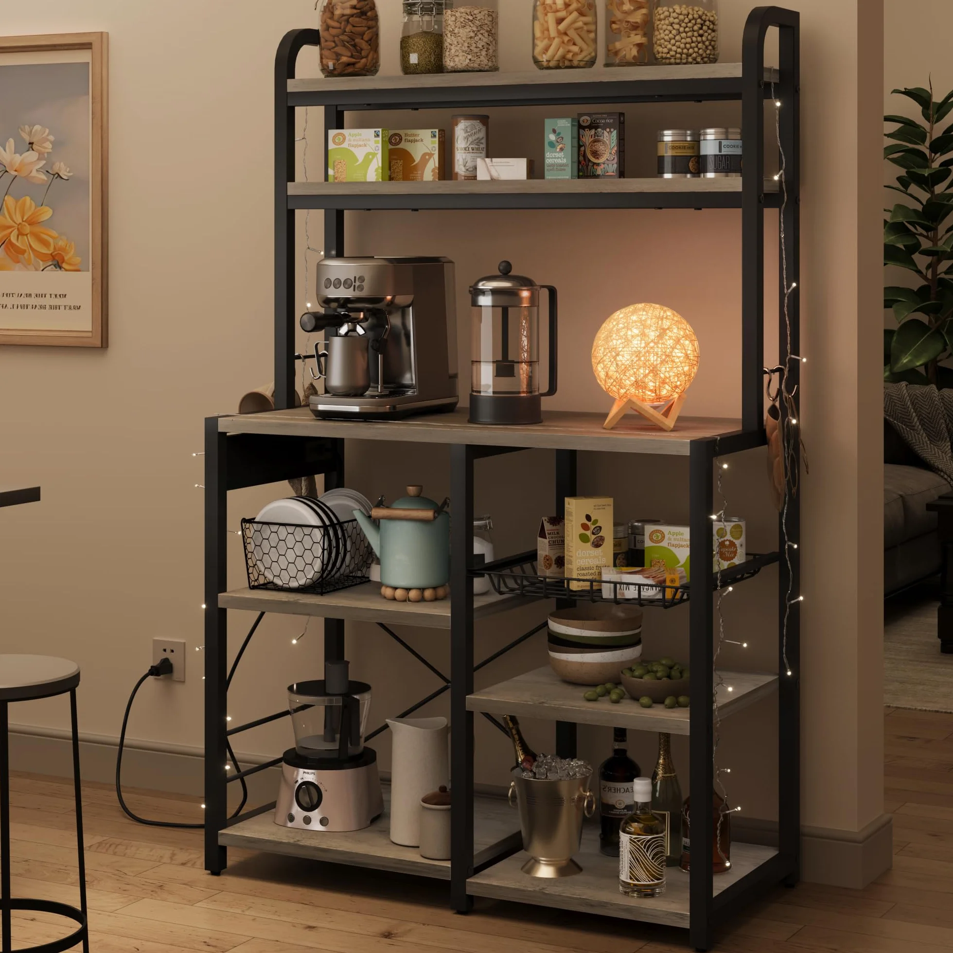 Zstar Soporte para Microondas, Estante De Cocina con Canasta De Alambre, Estante De Almacenamiento Independiente Grande De 6 Niveles para Cocina, Comedor y Sala De Estar