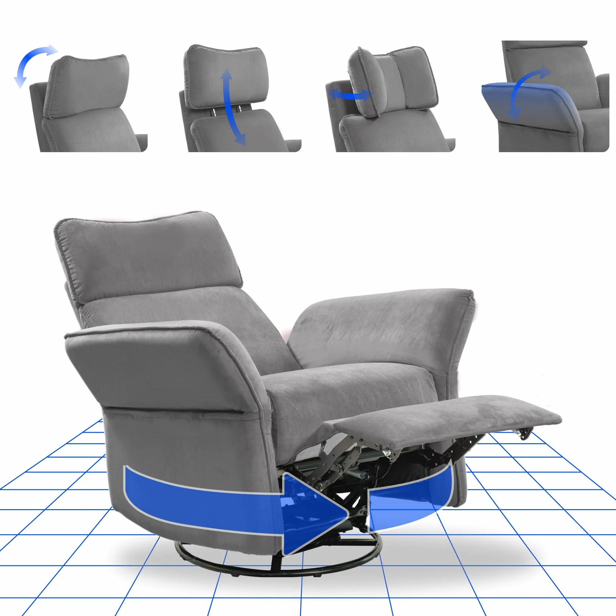 FLEXISPOT Cradle Sillón Relax, Sillon Eléctrico con Función Reclinable, Chaises Longues, Sillón Giratorio TV con Balancín, Reposacabezas 3D, Reposabrazos Ajustable, Respaldo Ajustable para Salón, Gris