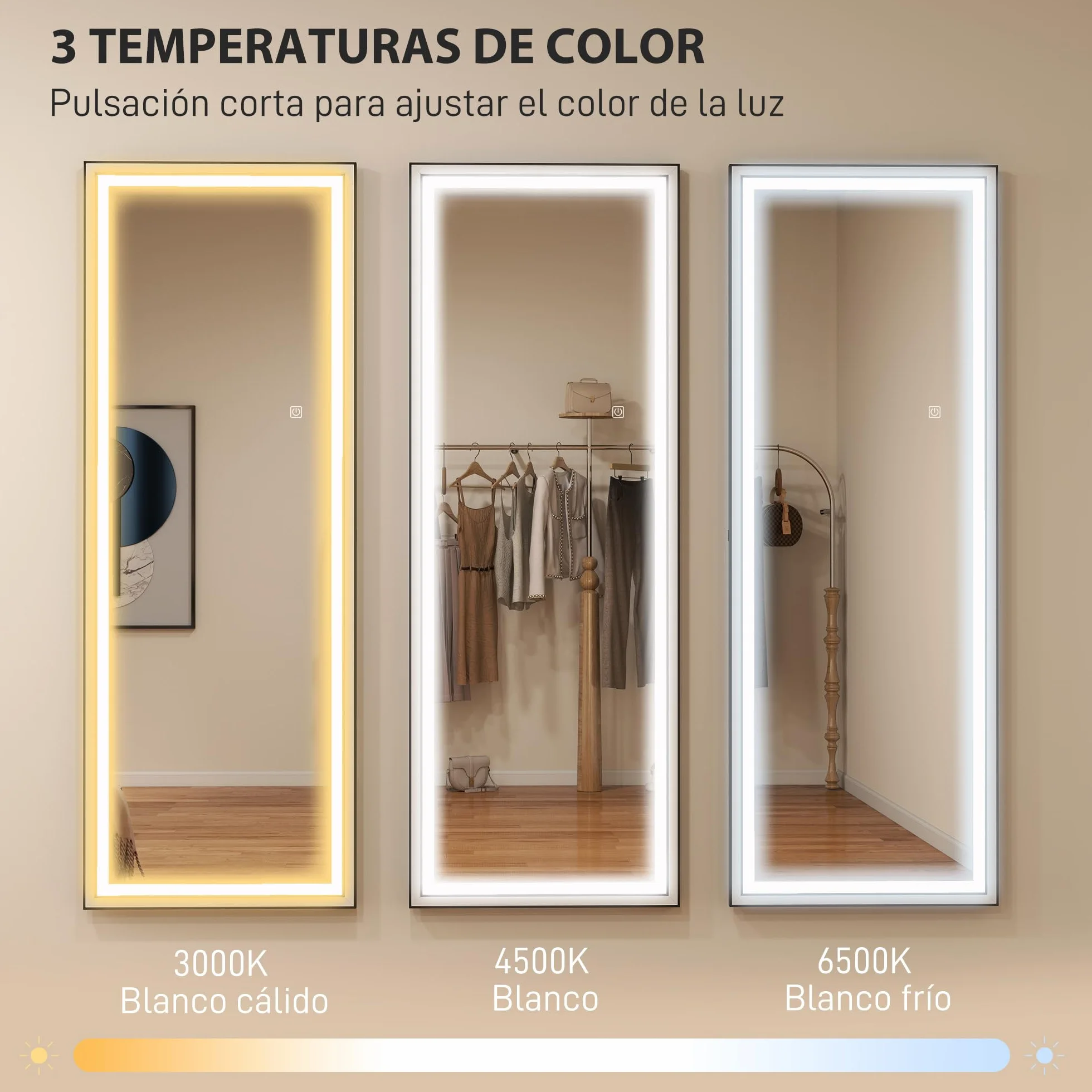 HOMCOM Espejo de Pie Cuerpo Entero con Luces, 165x60 cm, Espejo de Cuerpo Entero, 3 Temperaturas de Color, Brillo Ajustable, Independiente, Apoyado y de Pared, para Dormitorio, Salón, Blanco y Negro