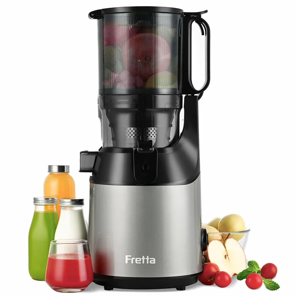 Extractor de Zumos y Verduras Fretta 250 W Apertura 135 MM Capacidad 1,8 L Licuadora Prensa Fría Sin BPA Incluye 2 Vasos
